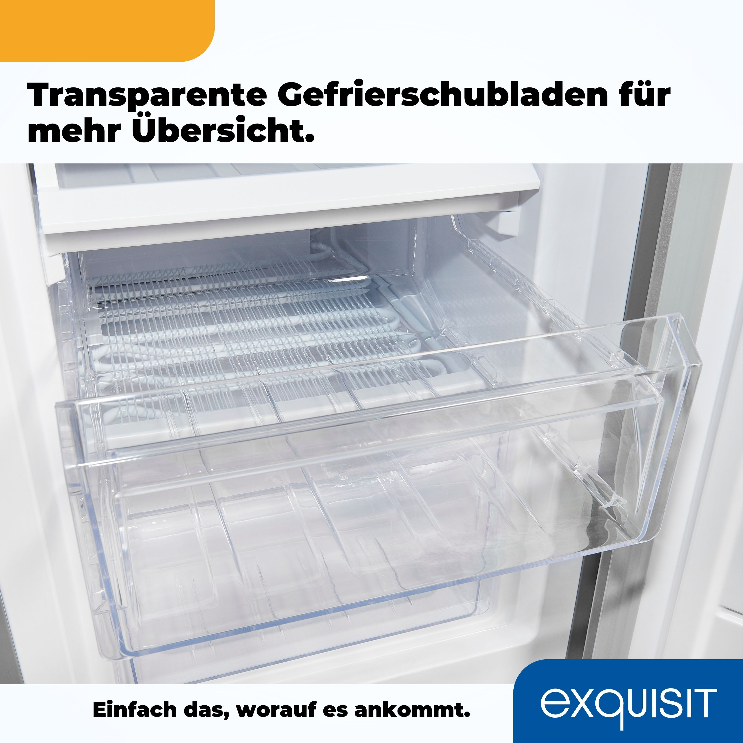 Transparente Gefrierschubladen in einem weißen Kühlschrank. Text: 'Transparente Gefrierschubladen für mehr Übersicht'.