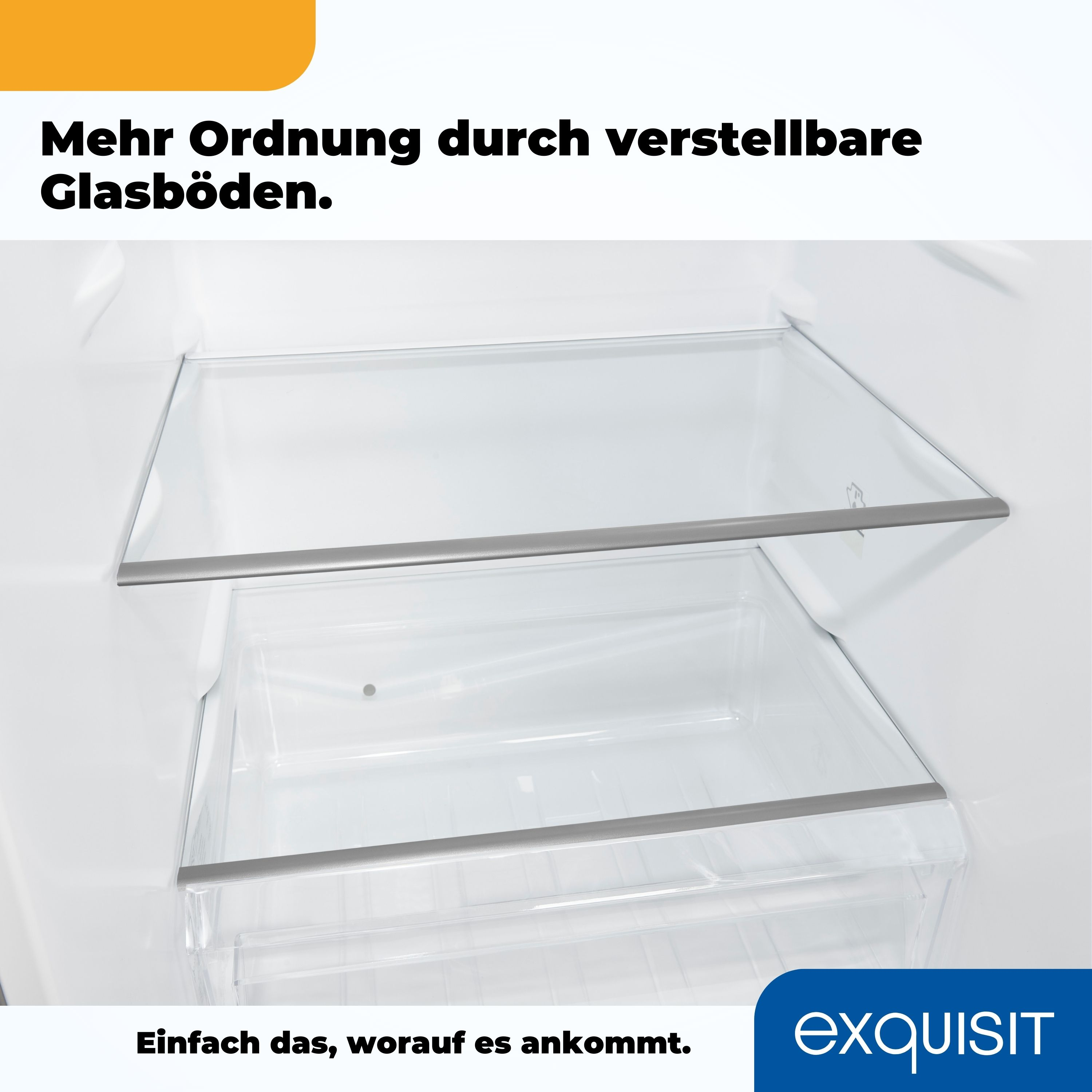 Kühlschrankinnenraum mit verstellbaren Glasböden. Text auf Deutsch über verstellbare Regale.