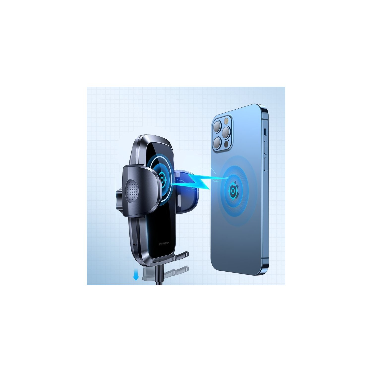 Uchwyt do telefonu samochodowego z dołączonym telefonem i niebieską ikoną ładowania bezprzewodowego.