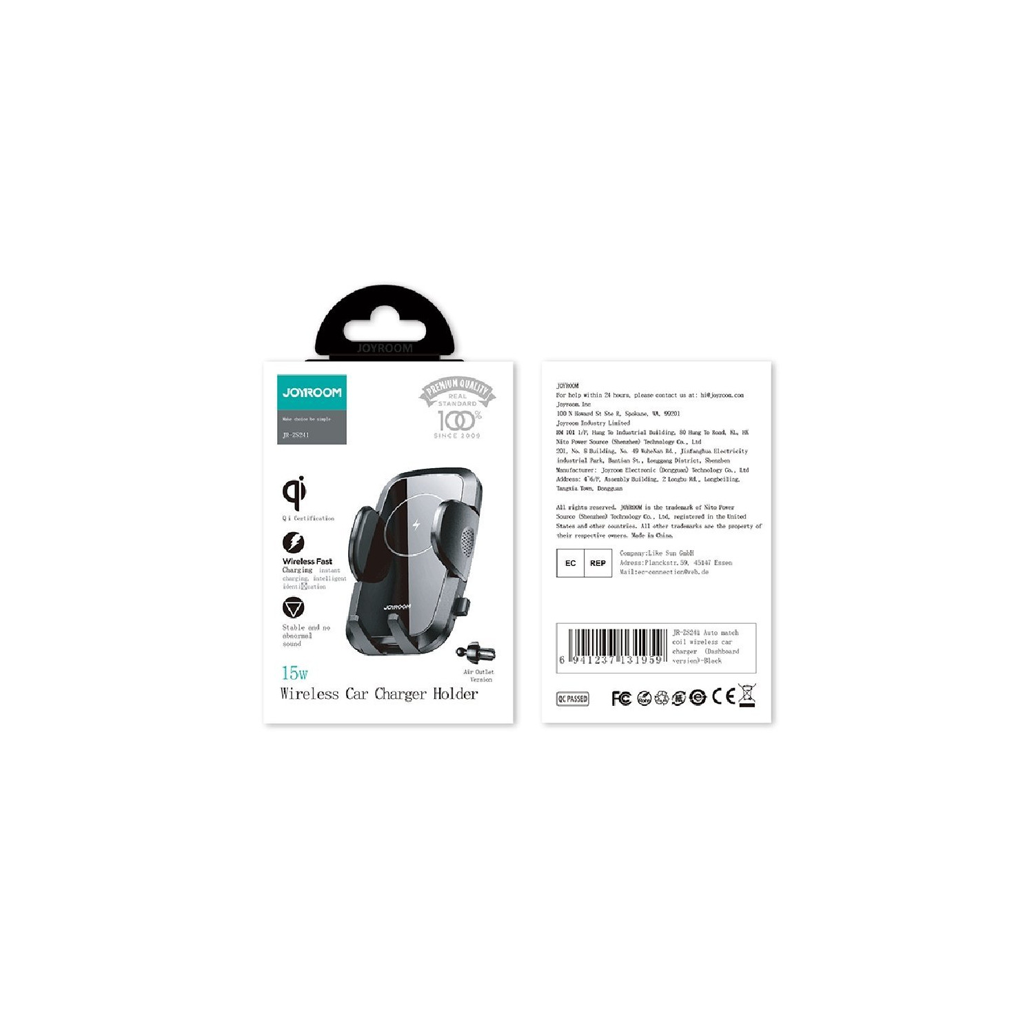 Uchwyt do bezprzewodowej ładowarki samochodowej w opakowaniu. Opakowanie zawiera tekst i zdjęcie ładowarki.