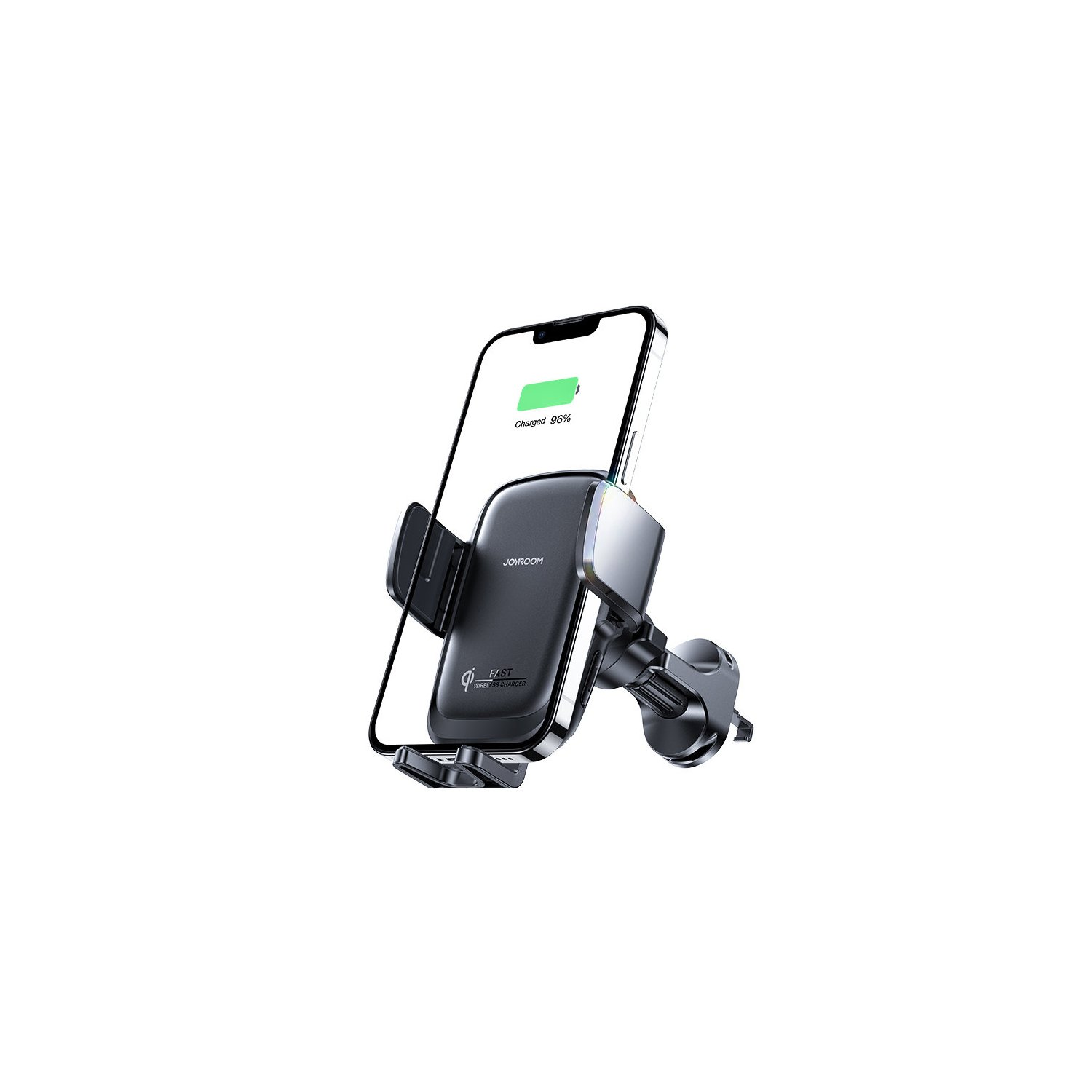 Schwarze Autotelefonhalterung mit Telefon darin. Telefon zeigt das Aufladen des Akkus.