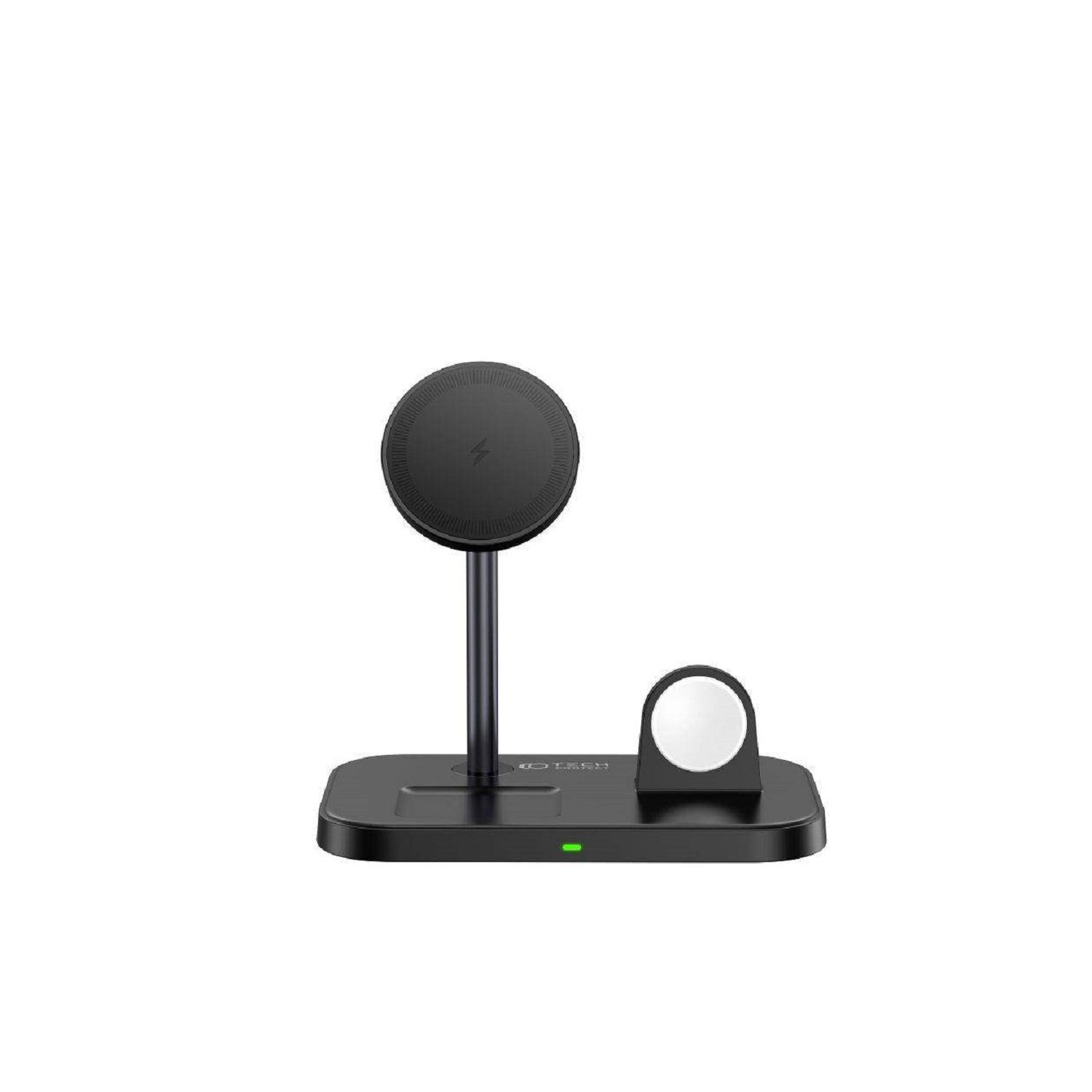 Un soporte de carga inalámbrico negro para un teléfono y un reloj. Está sobre una superficie blanca.