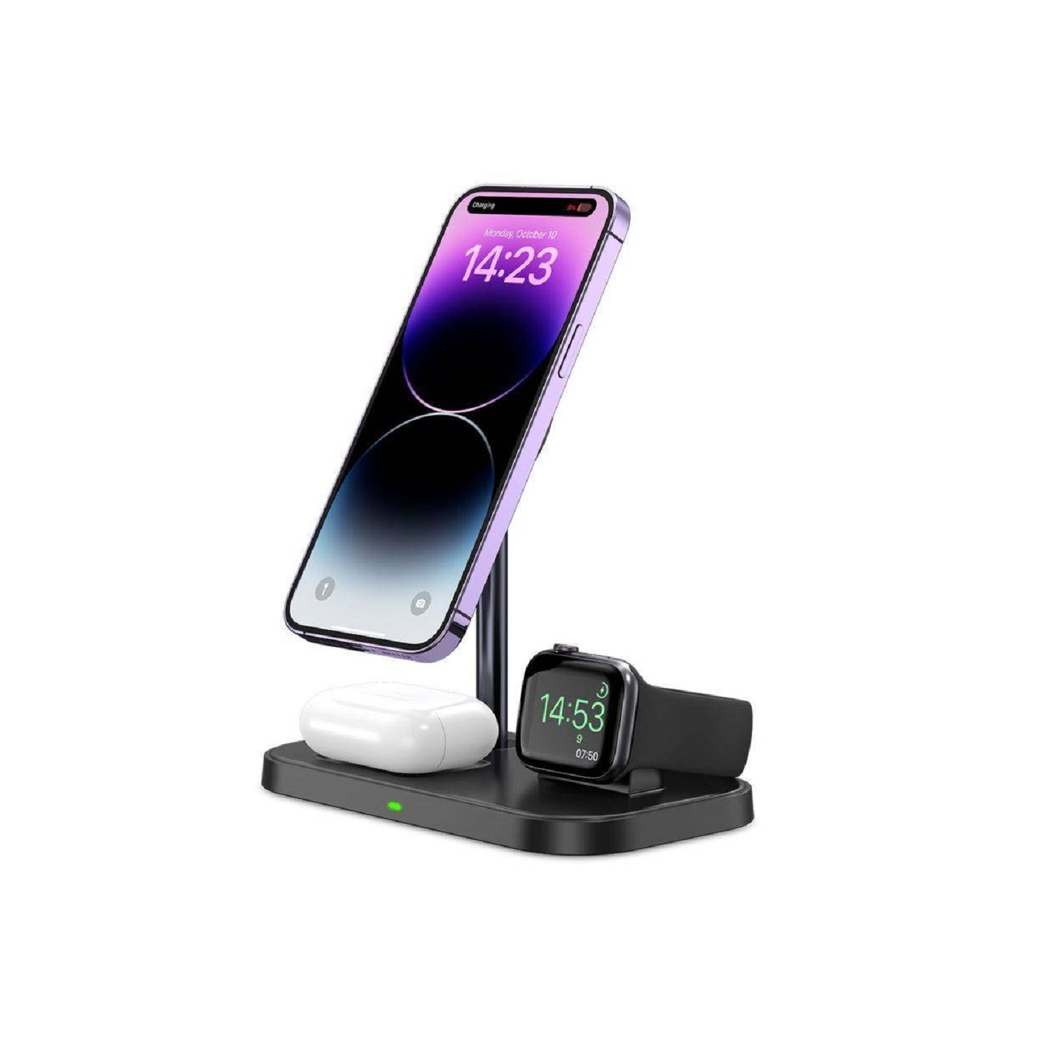 Base de carga con teléfono, reloj y AirPods; todo cargando en una superficie blanca.