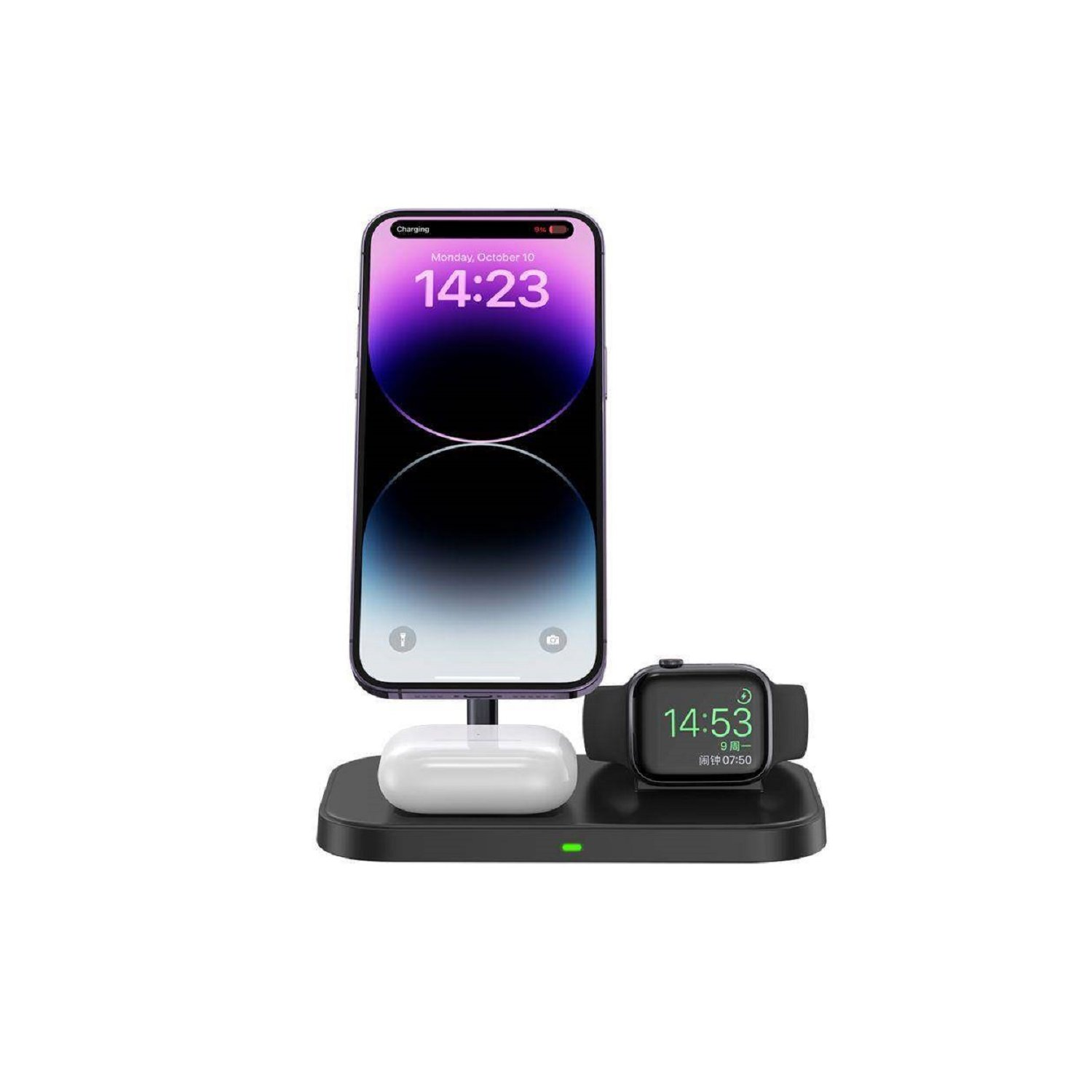 Teléfono, reloj y auriculares cargando en una base negra. Muestra la hora.