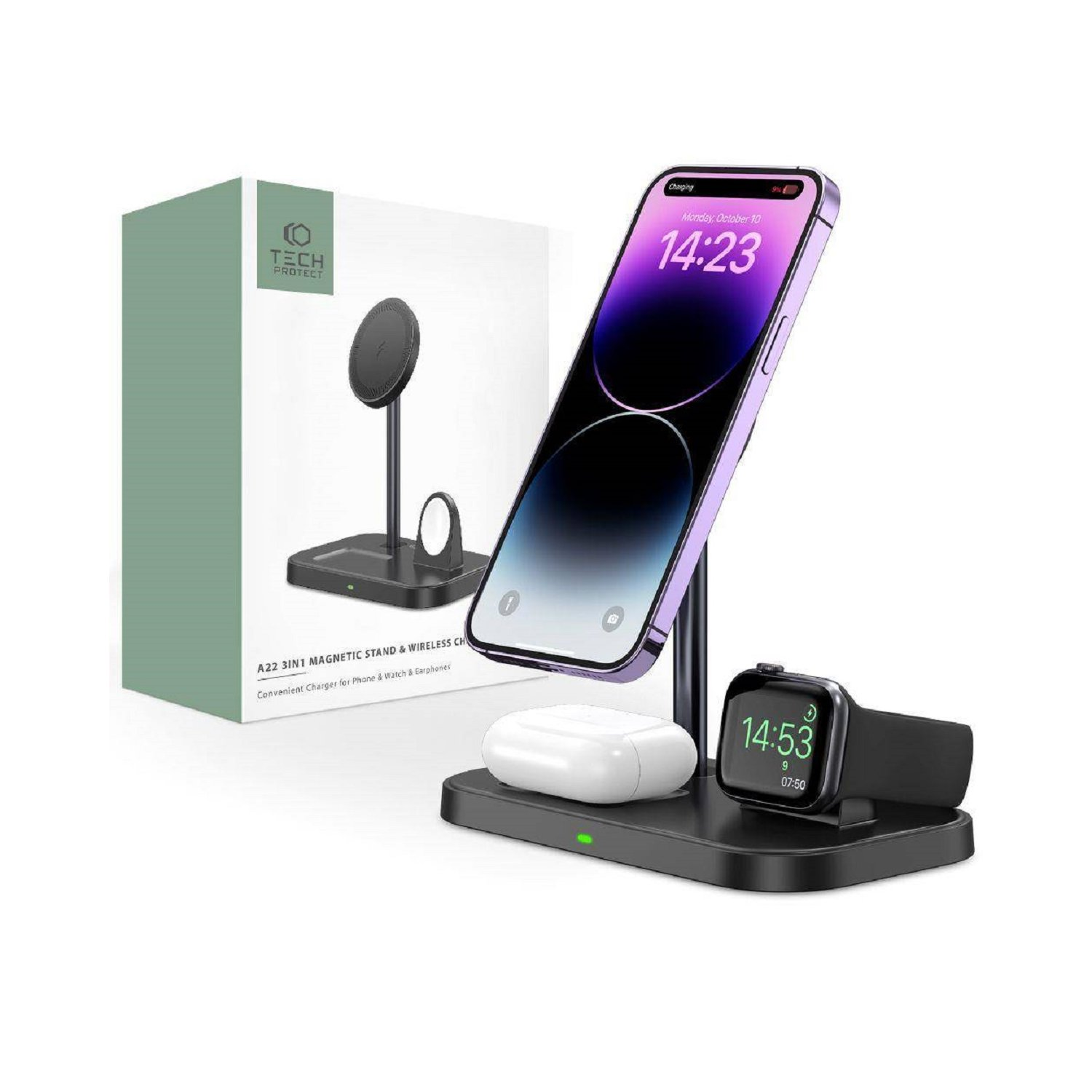Una estación de carga con teléfono, reloj y auriculares. Una caja con un logotipo en el fondo.