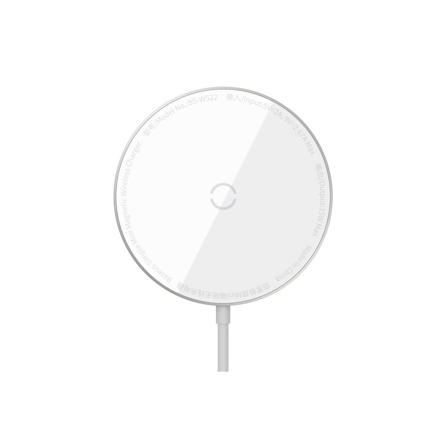 Ein weißes kabelloses Ladegerät mit Ladeanzeige und Kabel. Das Ladegerät hat ein kreisförmiges Design.