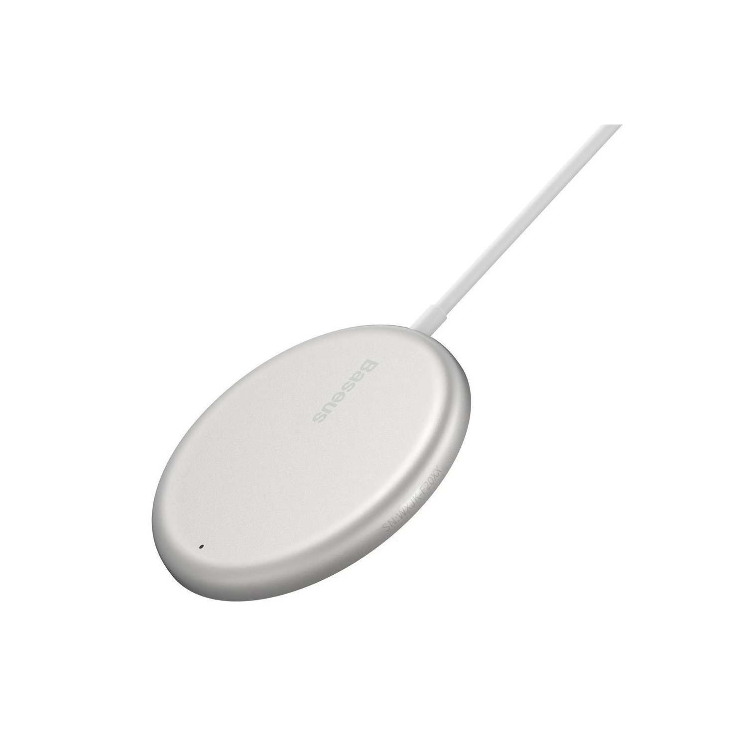 Ein silbernes, ovales kabelloses Ladegerät mit weißem Kabel.