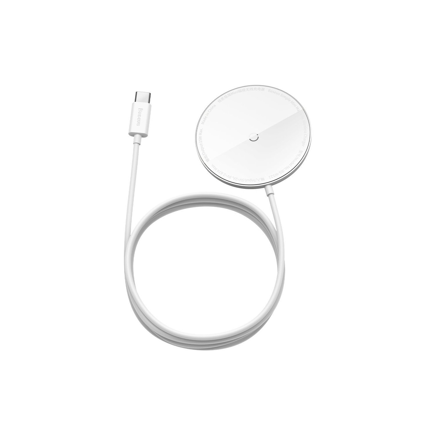 Weißes Baseus MagSafe-Ladegerät mit weißem Kabel, auf weißem Hintergrund.
