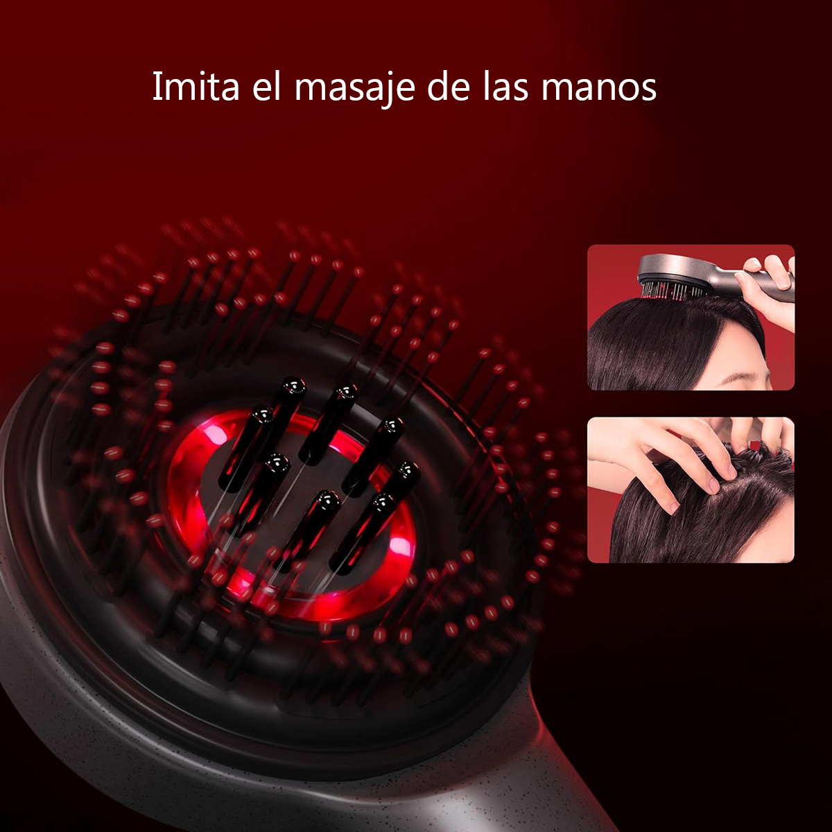 Primer plano de un masajeador capilar negro con luz roja y ejemplos de masaje capilar.