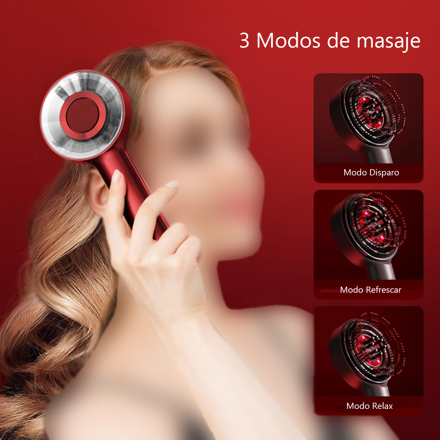 Dispositivo de masaje rojo con rostro de mujer borroso. Tres modos.