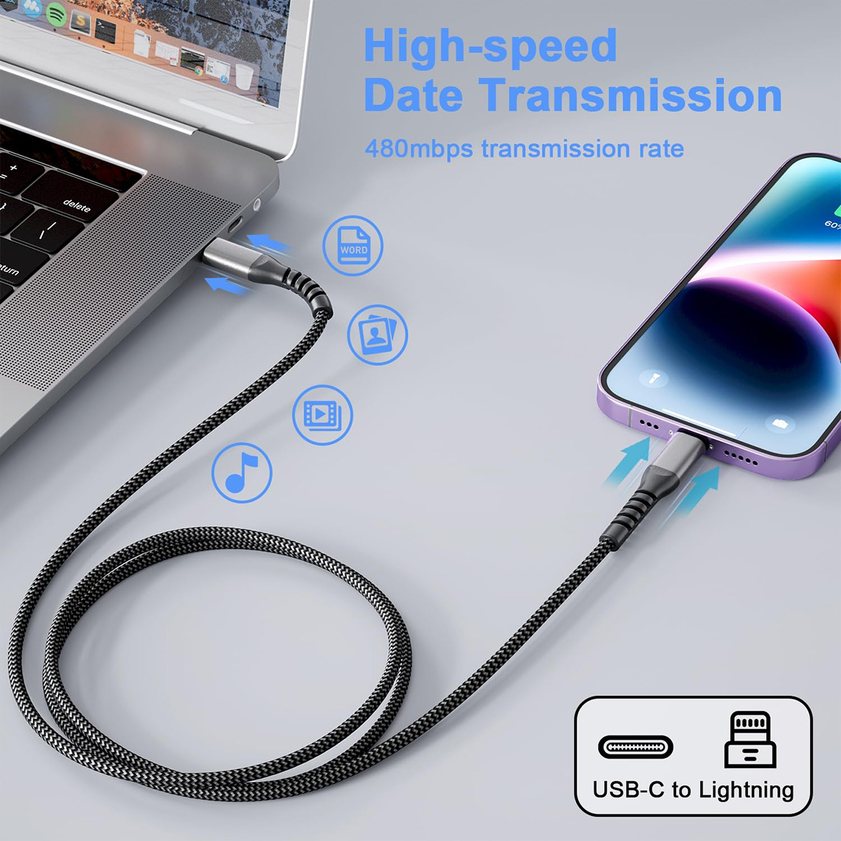 Un cable USB-C a Lightning conectado a una laptop y un iPhone púrpura, el texto muestra una transmisión de 480 Mbps.