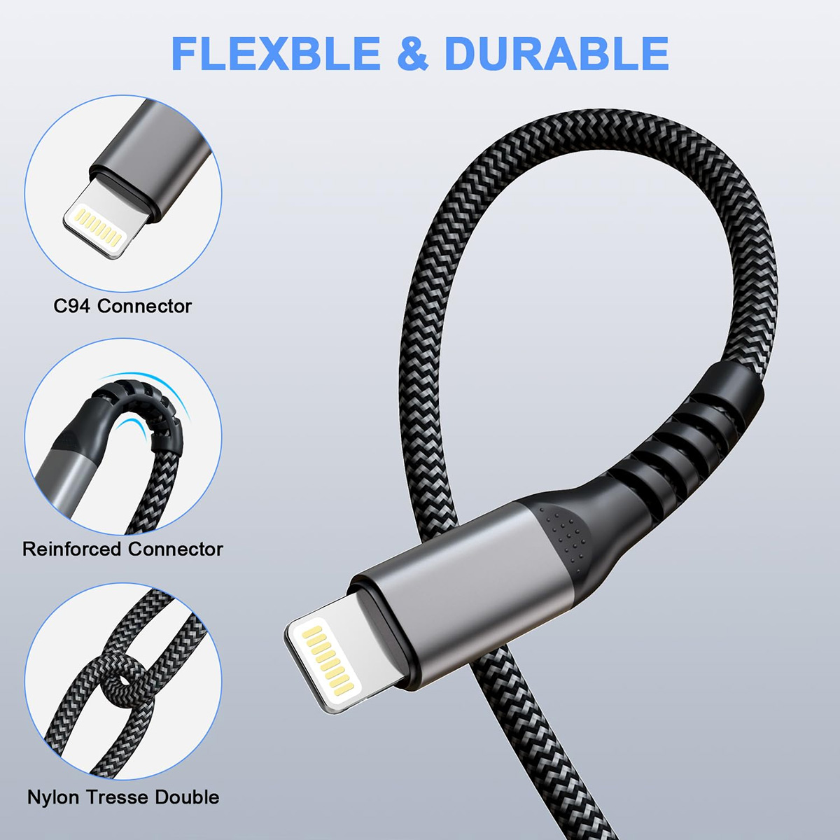 Primer plano de un cable de carga con detalles. El cable es negro con conectores plateados.