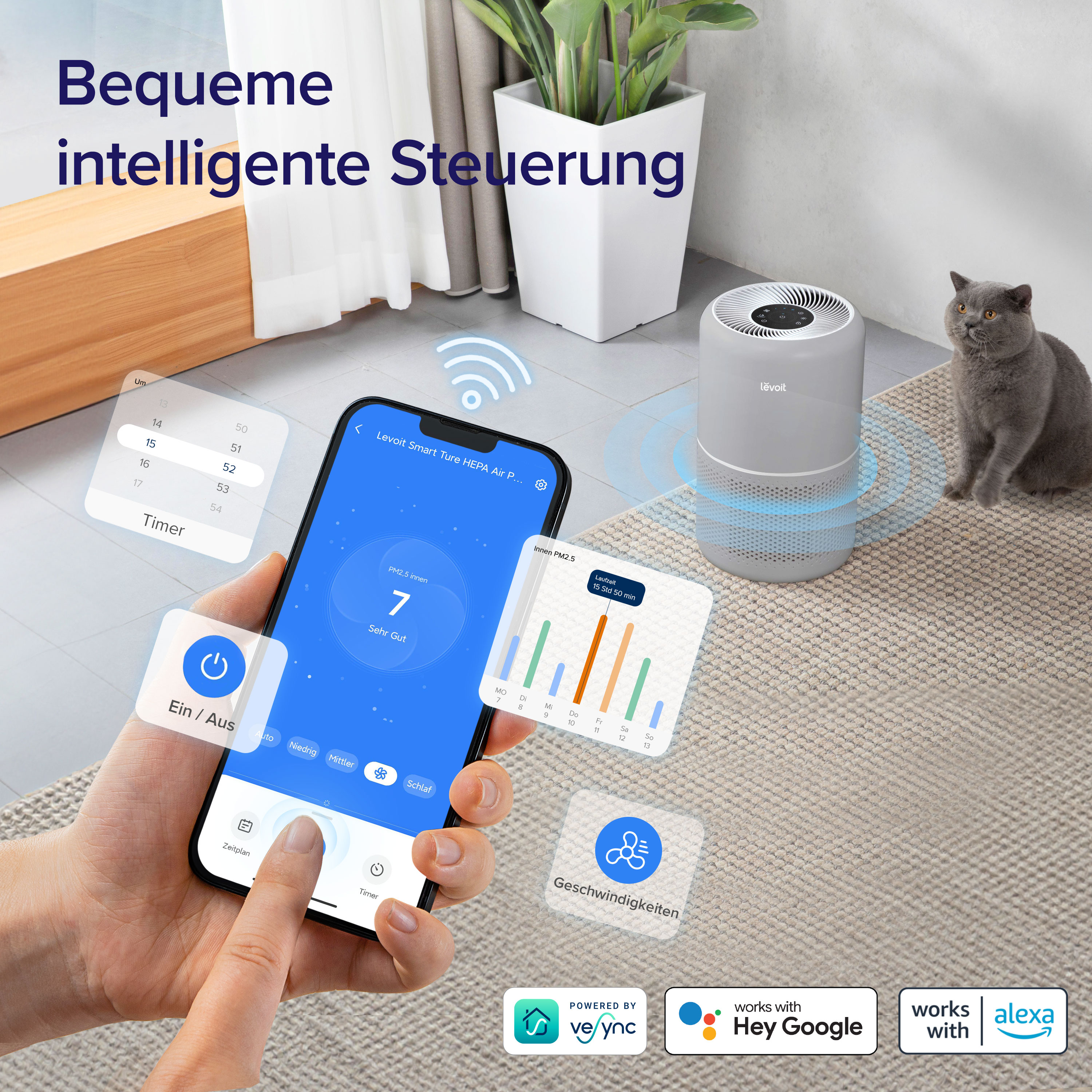 Eine Hand hält ein Telefon, das eine Luftreiniger-App anzeigt. Eine Katze und ein Luftreiniger sind im Hintergrund.
