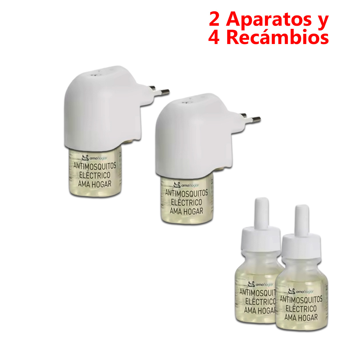 Dos repelentes de mosquitos blancos, con dos recambios. Texto: Antimosquitos Electrico AMA HOGAR.