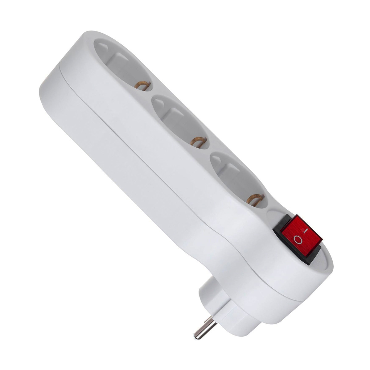 Una regleta blanca con tres enchufes y un interruptor rojo de encendido/apagado.