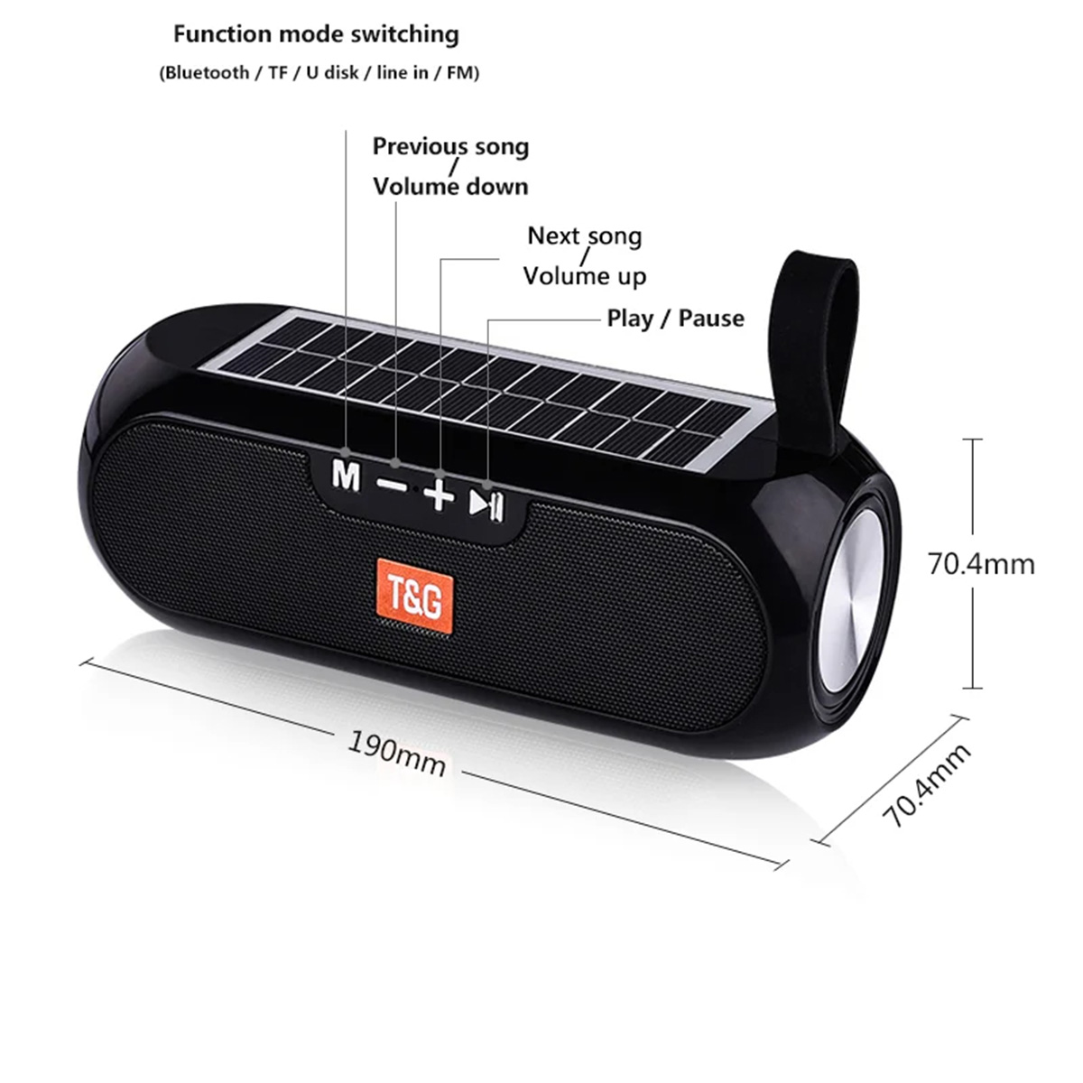 Un altavoz negro con un panel solar en la parte superior y etiquetas de dimensiones. Incluye reproducir/pausar.