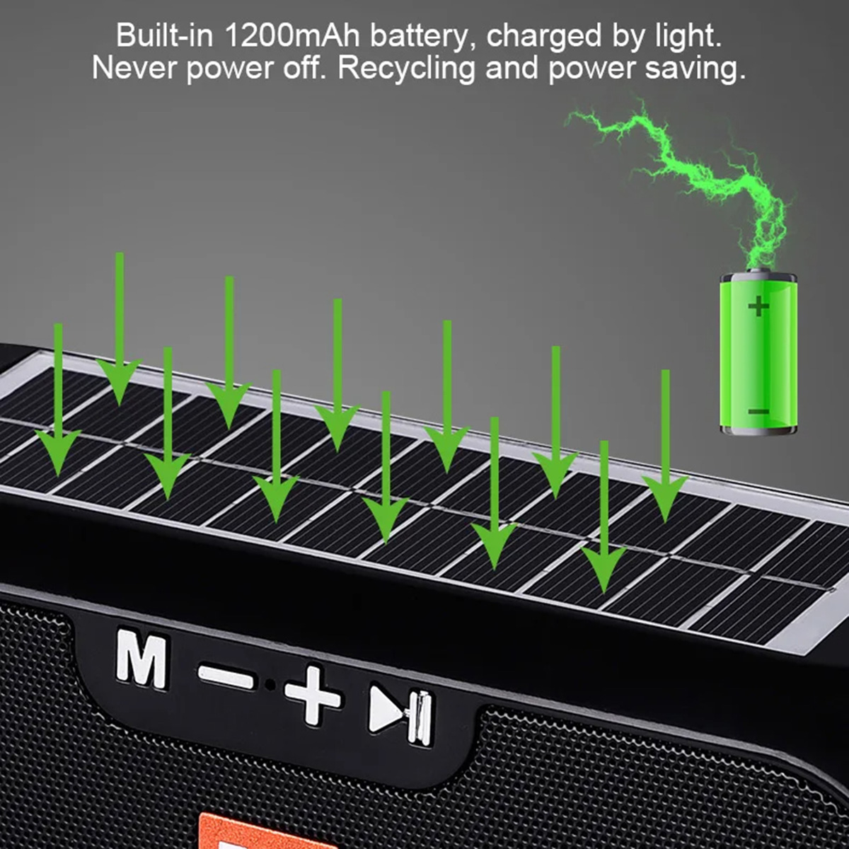 Altavoz negro con energía solar y flechas verdes. Texto: batería 1200mAh.