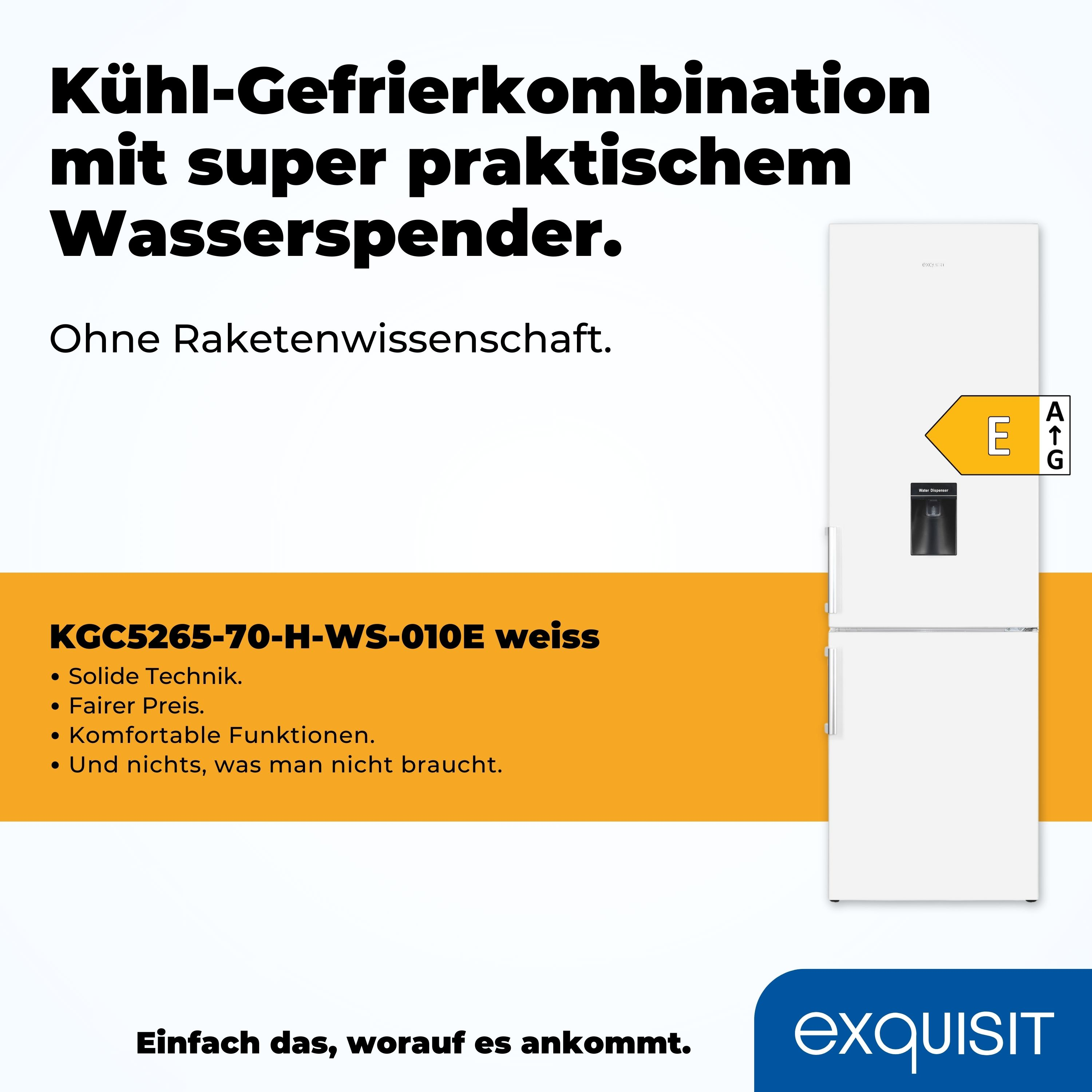 Weißer Kühlschrank mit schwarzer Tür. Text und ein Energielabel sind sichtbar.