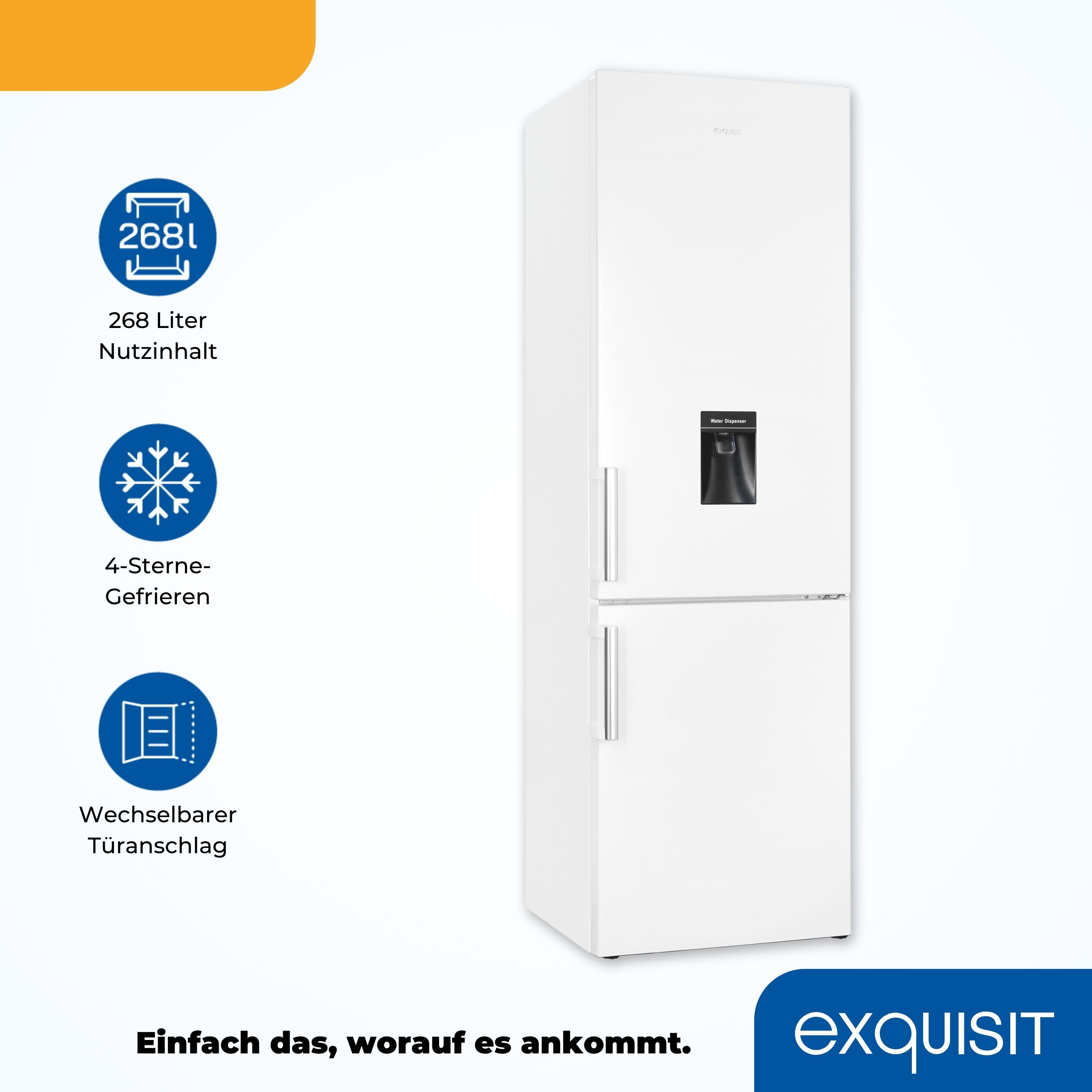 Weißer Kühlschrank mit zwei Türen und Wasserspender. Es ist auf weißem Hintergrund.