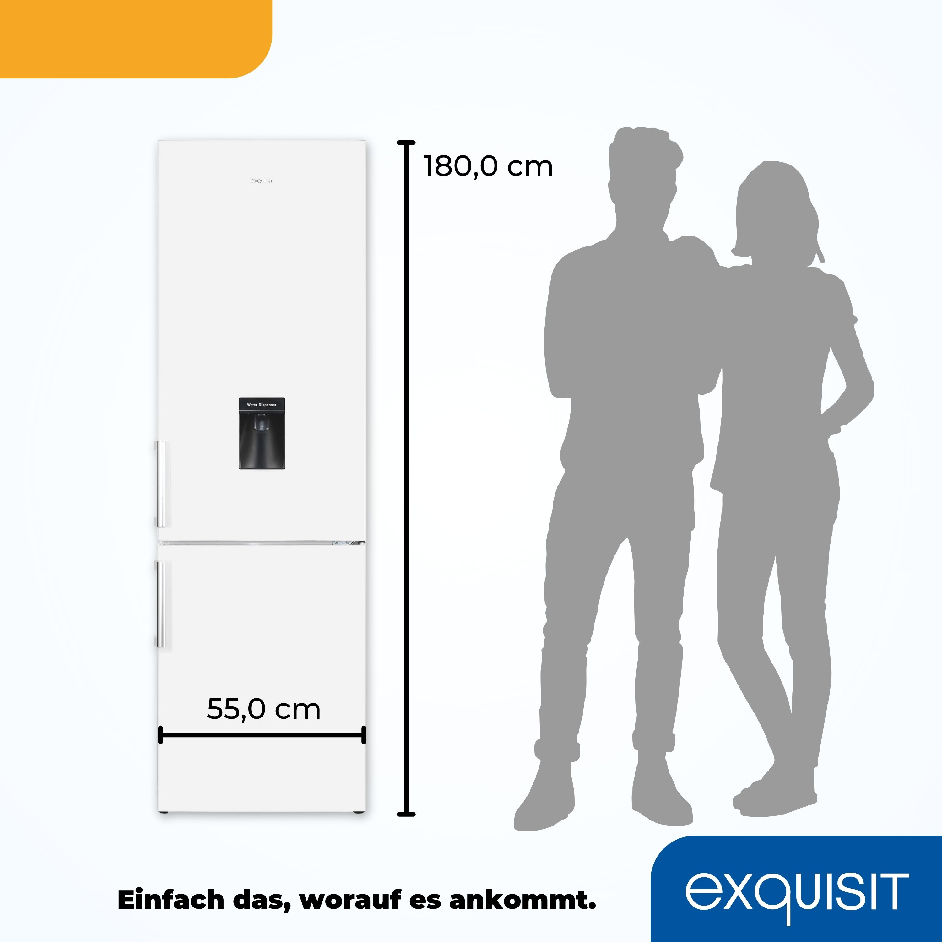 Weißer Kühlschrank mit Paarsilhouette, Maße in cm angegeben.