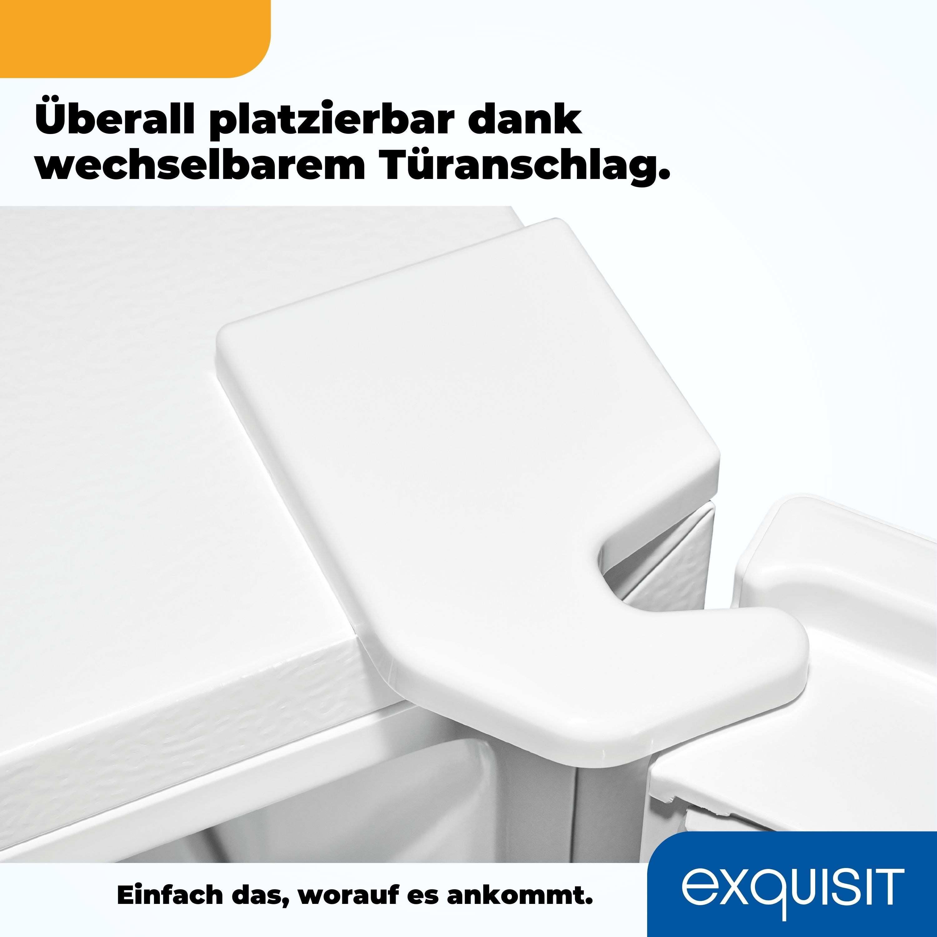 Weiße Schrankteile mit einer weißen Türkomponente. Weißer Hintergrund mit einem orangefarbenen Banner.