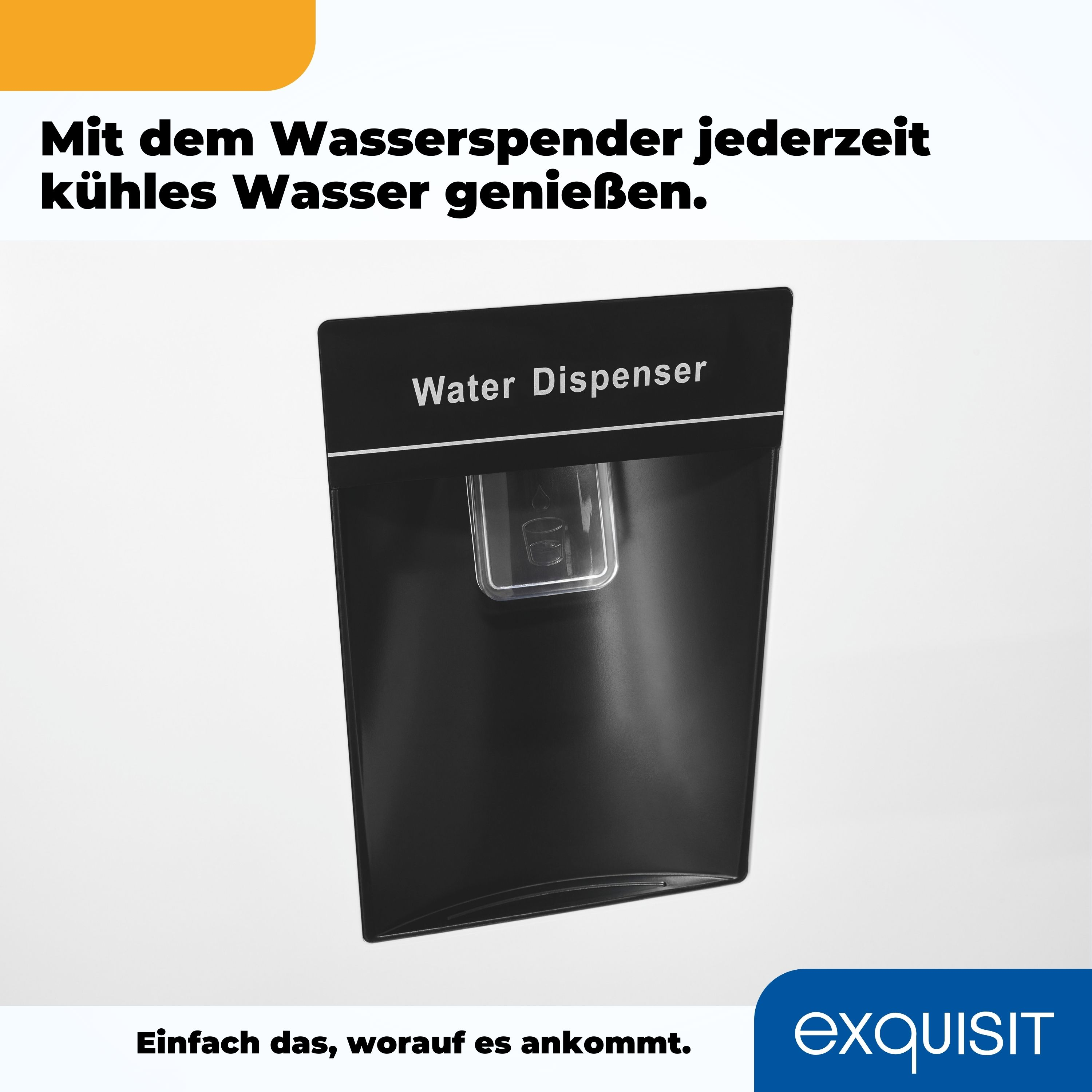 Schwarzer Wasserspender mit klarem Wasserauslass. Text: Jederzeit kühles Wasser genießen.