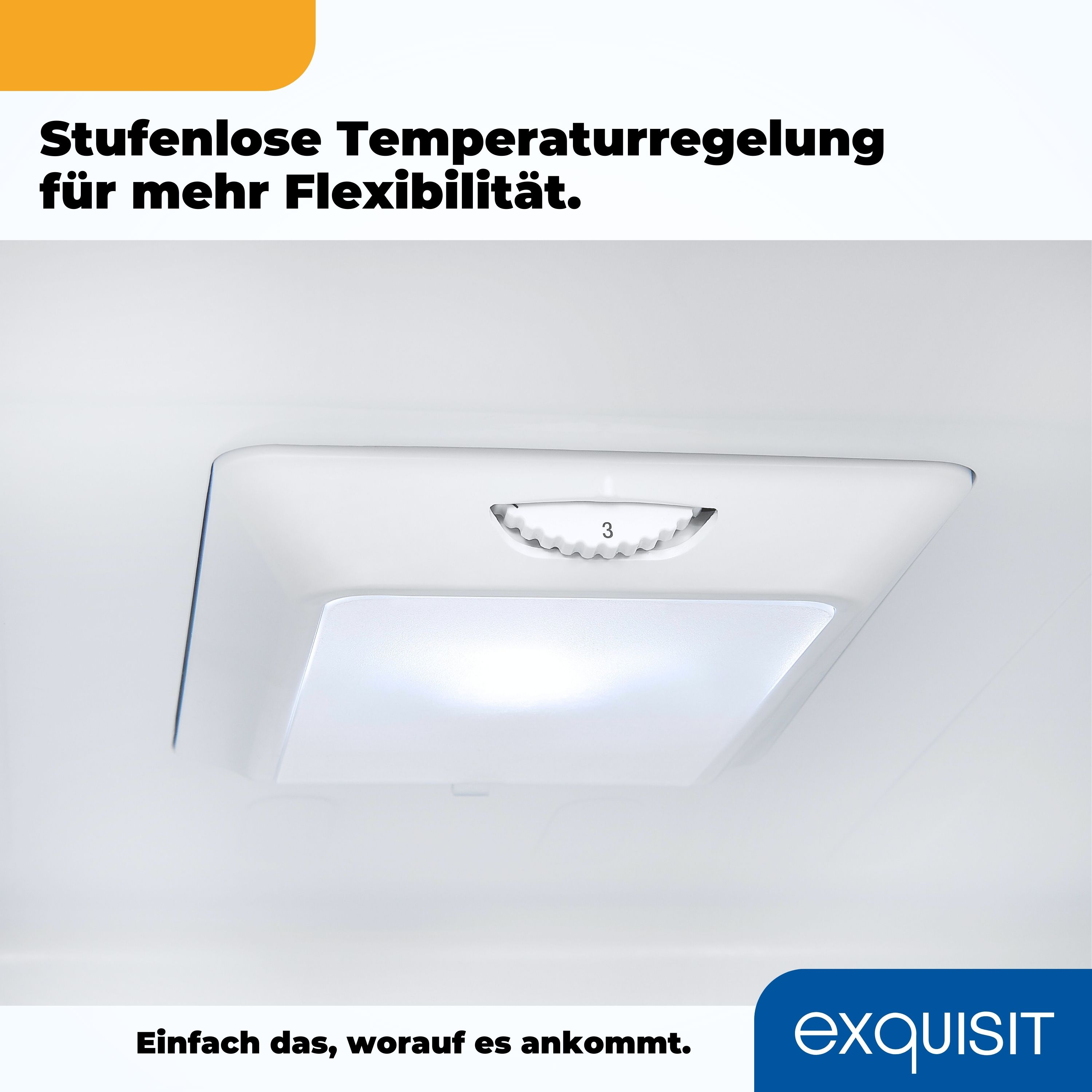 Weißer Kühlschrankinnenraum mit Licht und Temperaturregelrad, darunter Text.