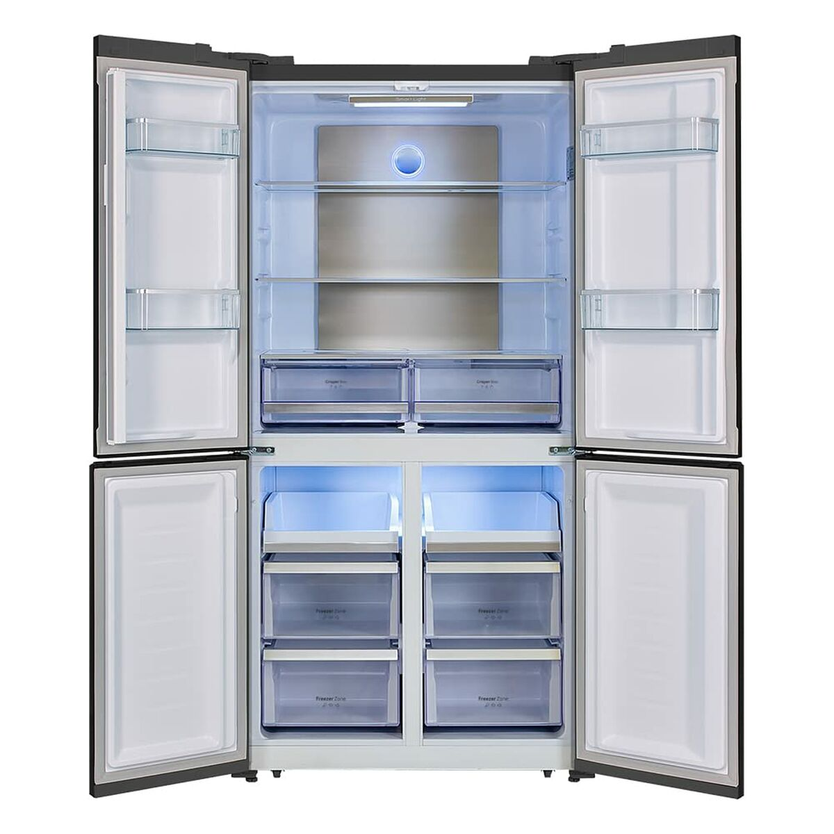 Frigorifero aperto con ripiani e cassetti. Interno illuminato con luci blu. Porte aperte.