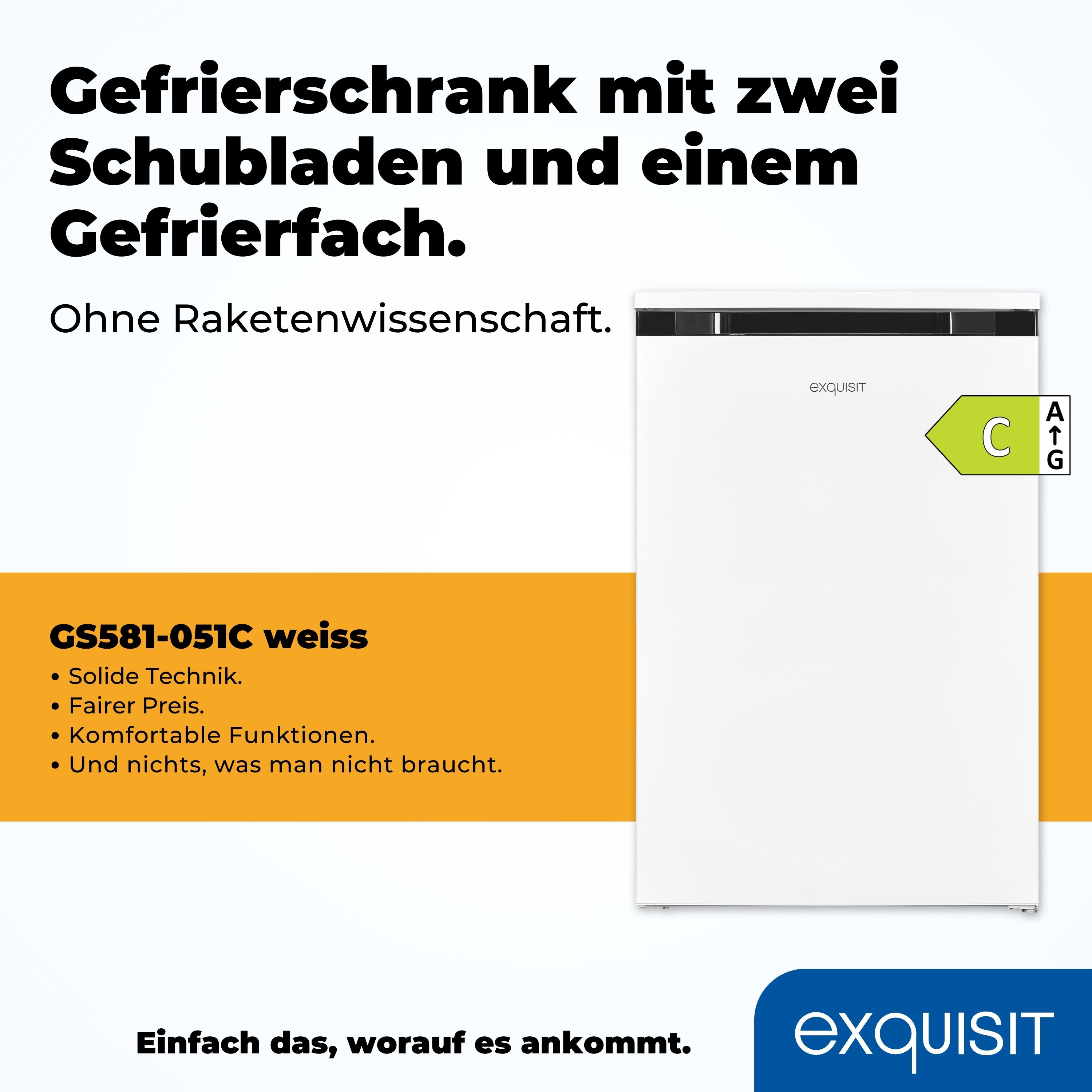 Weißer Kühlschrank mit deutschem Text. Weißer Hintergrund mit Energielabel.