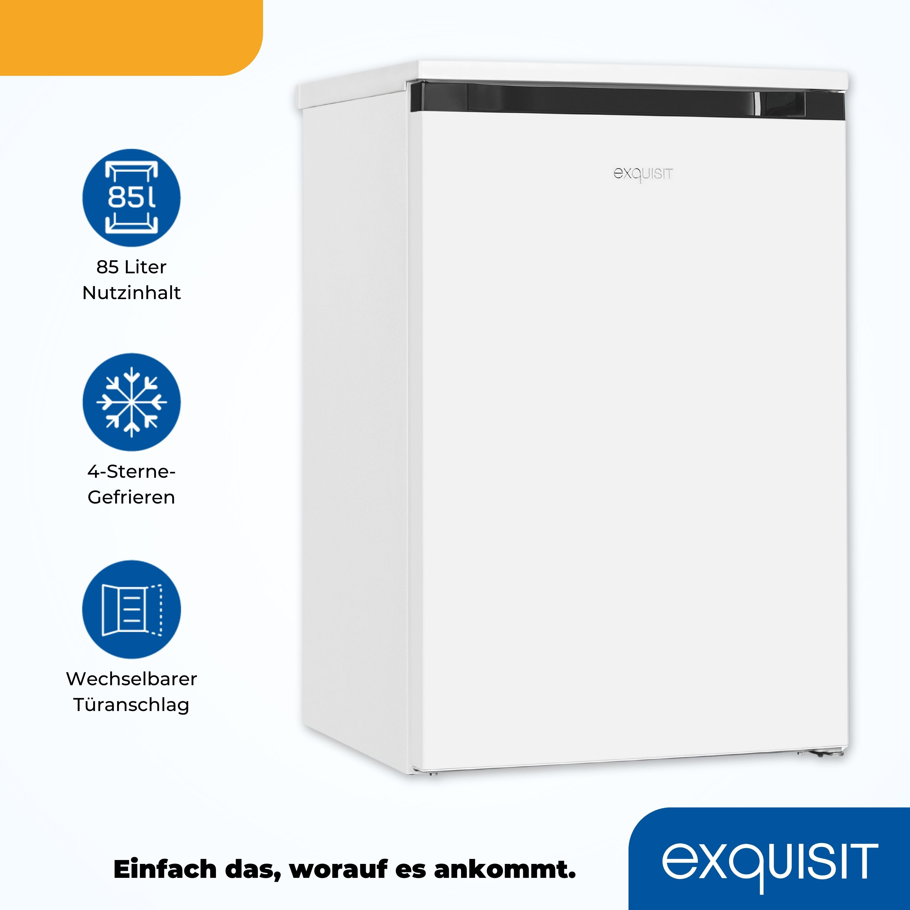Ein weißer Kühlschrank auf weißem Hintergrund mit Text zu seinen Merkmalen.