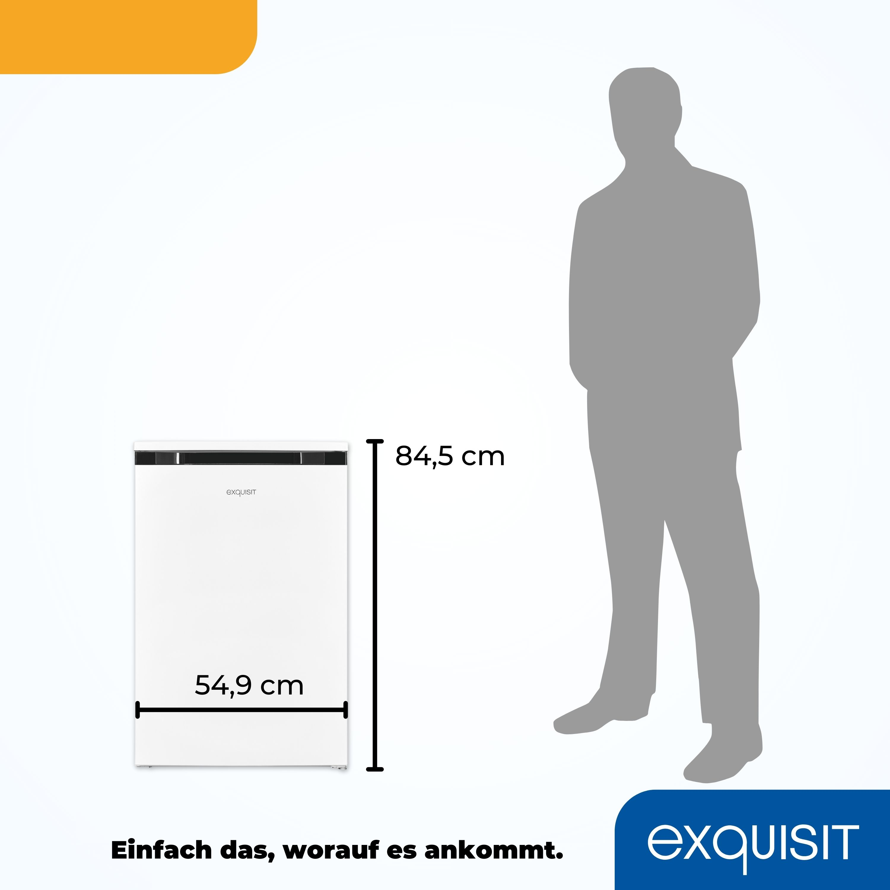 Weißer Kühlschrank, 54,9 cm x 84,5 cm, mit Personensilhouette daneben.
