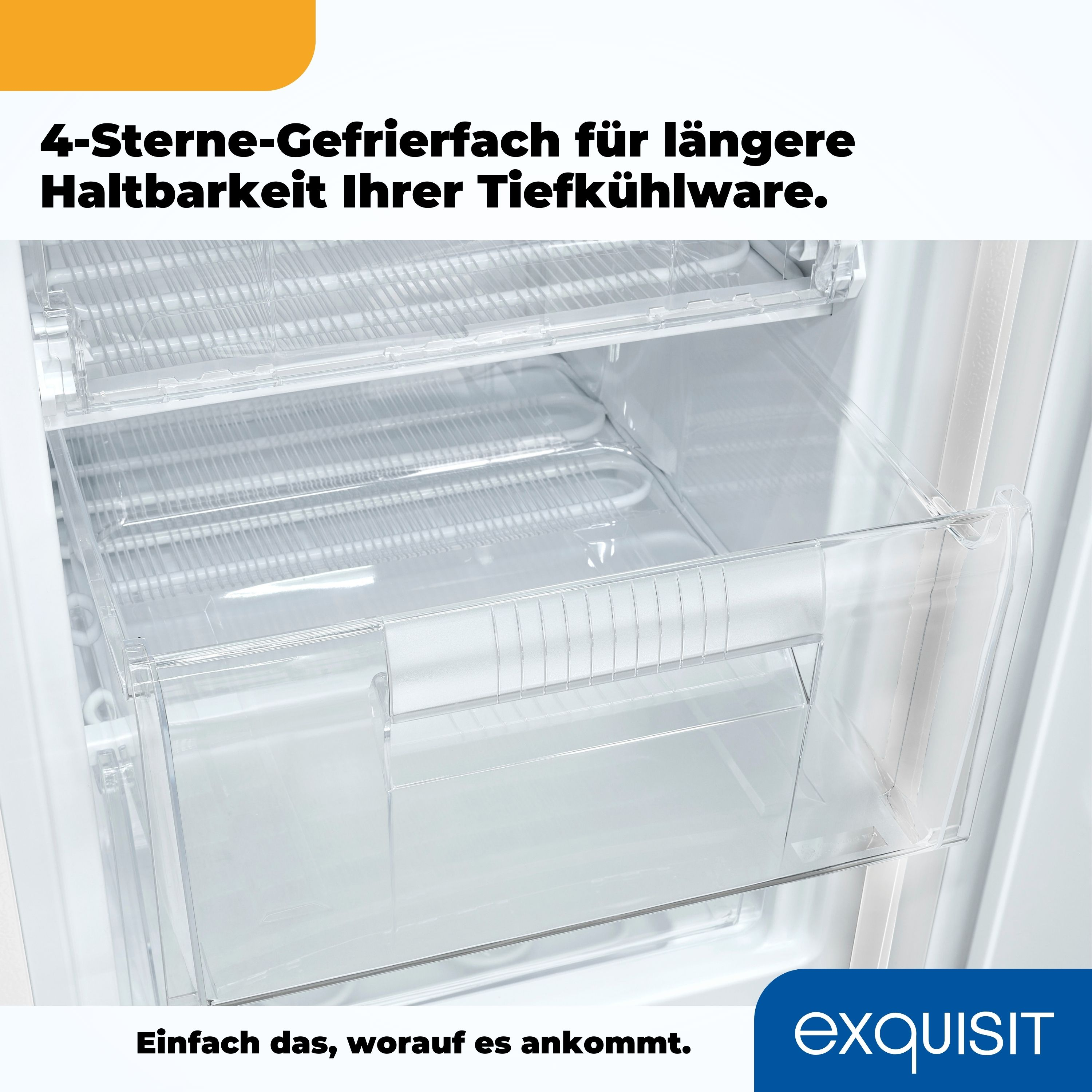 Nahaufnahme eines Gefrierfachs mit einer durchsichtigen Schublade. Der Innenraum ist leer.