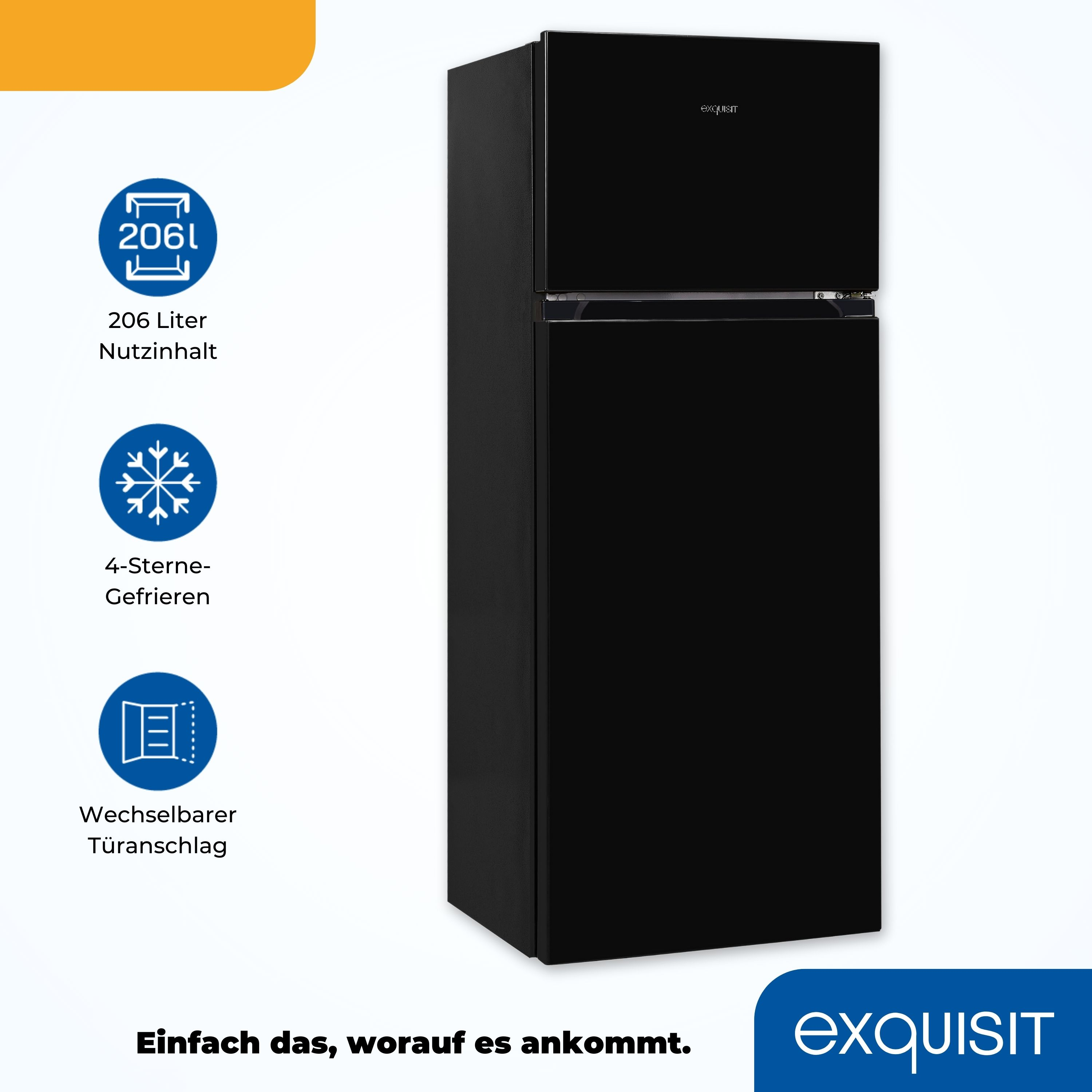 Schwarzer Exquisit Kühlschrank mit oberem Gefrierfach. Merkmale: 206L, 4-Sterne, und wechselbarer Türanschlag.