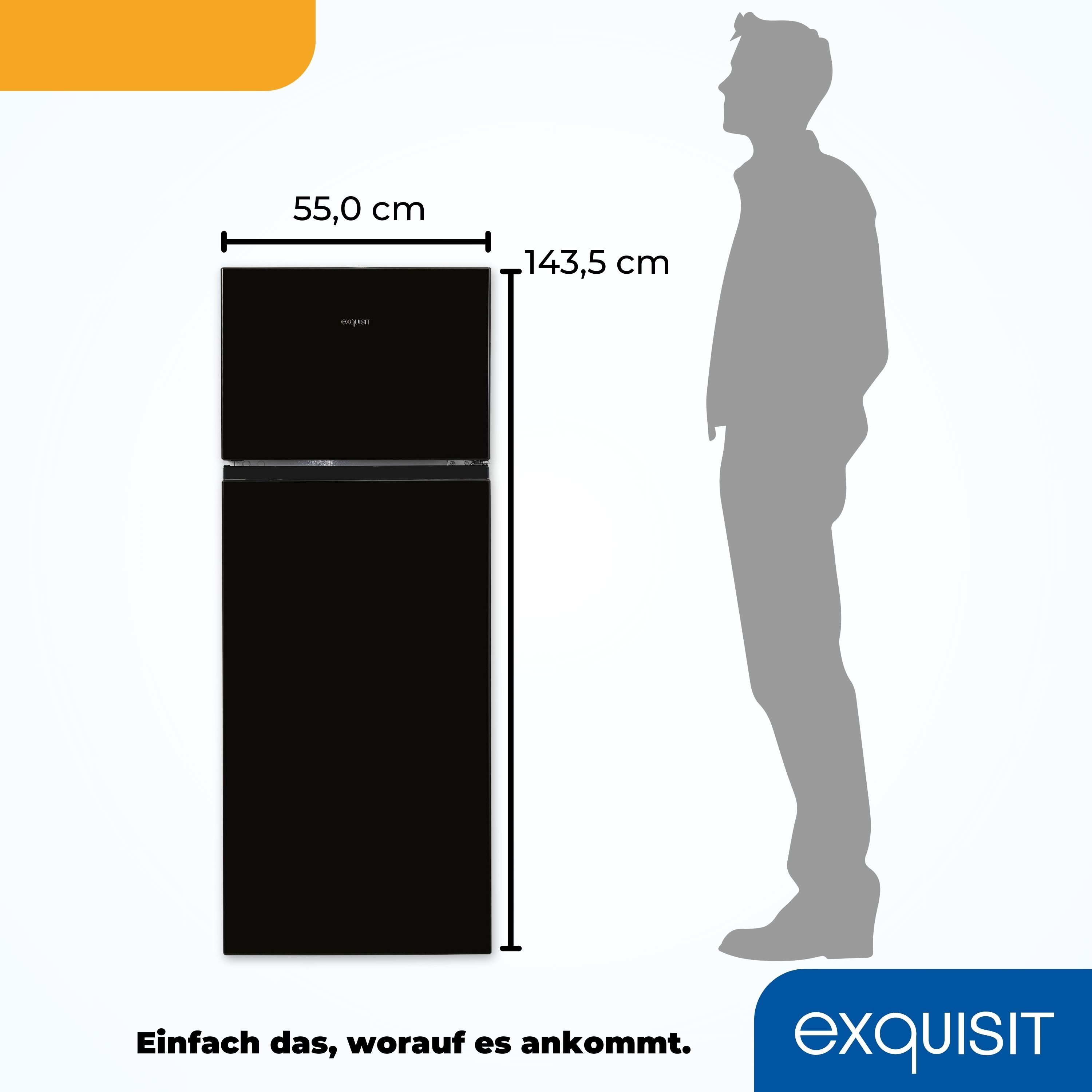 Schwarzer Kühlschrank mit Maßen. Rechts steht eine Person. Text unten.