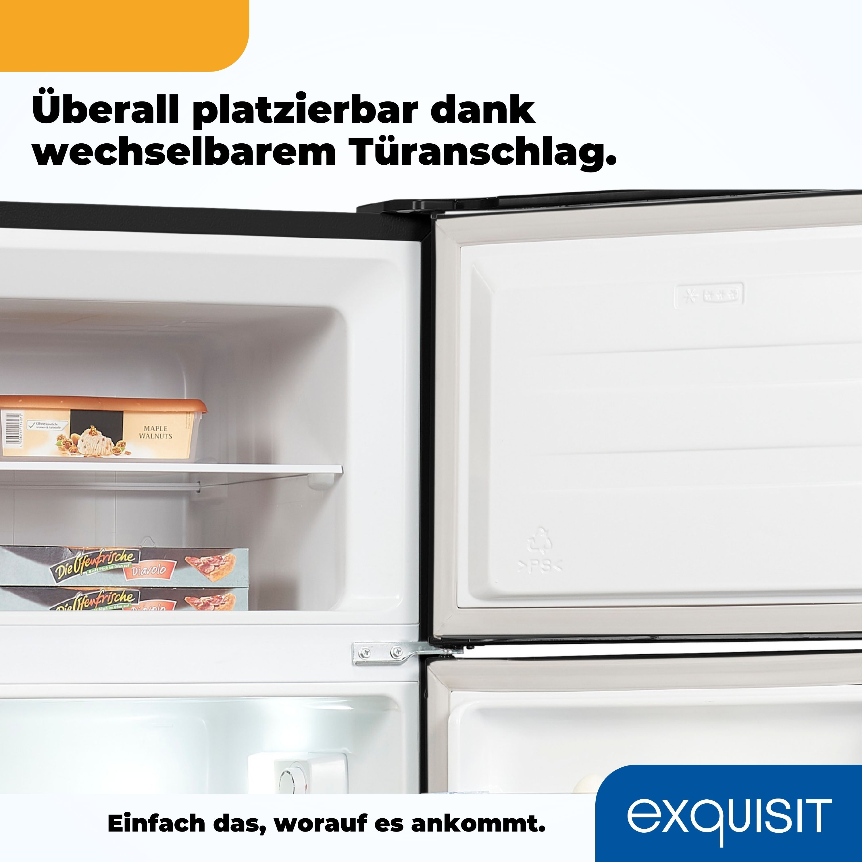 Kühlschrankinnenraum, mit Regalen mit Lebensmitteln und Text, wo es platziert werden kann.