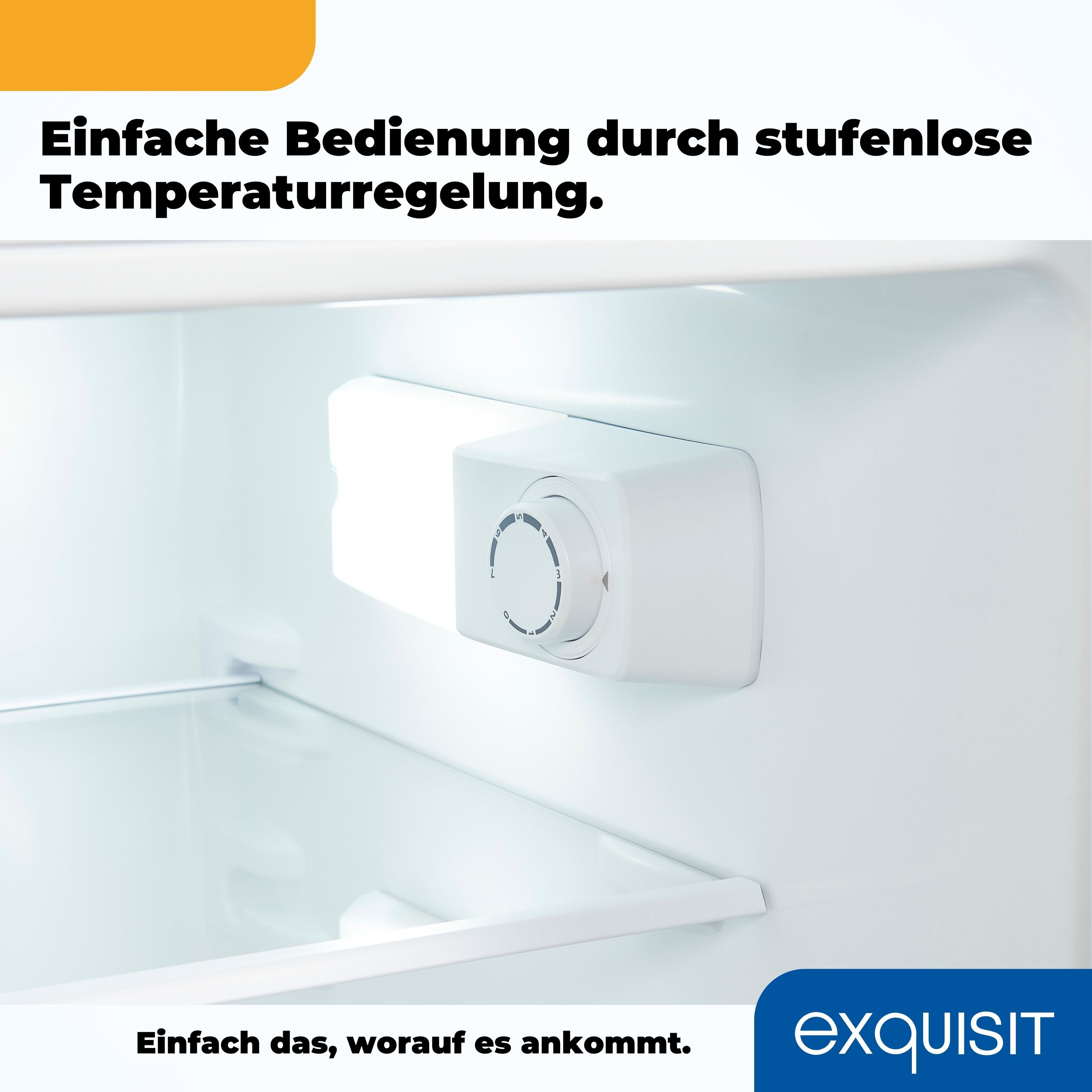Innenraum eines Kühlschranks mit Temperaturregler. Das Zifferblatt ist weiß, und der Kühlschrank ist leer.