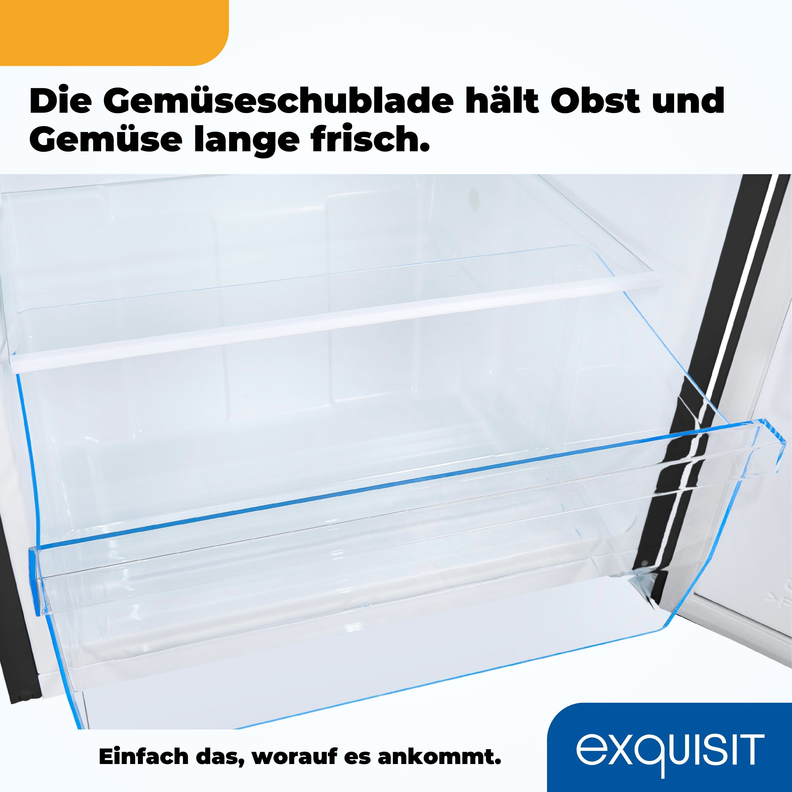 Innenraum eines Kühlschranks mit transparenten Gemüseschubladen.