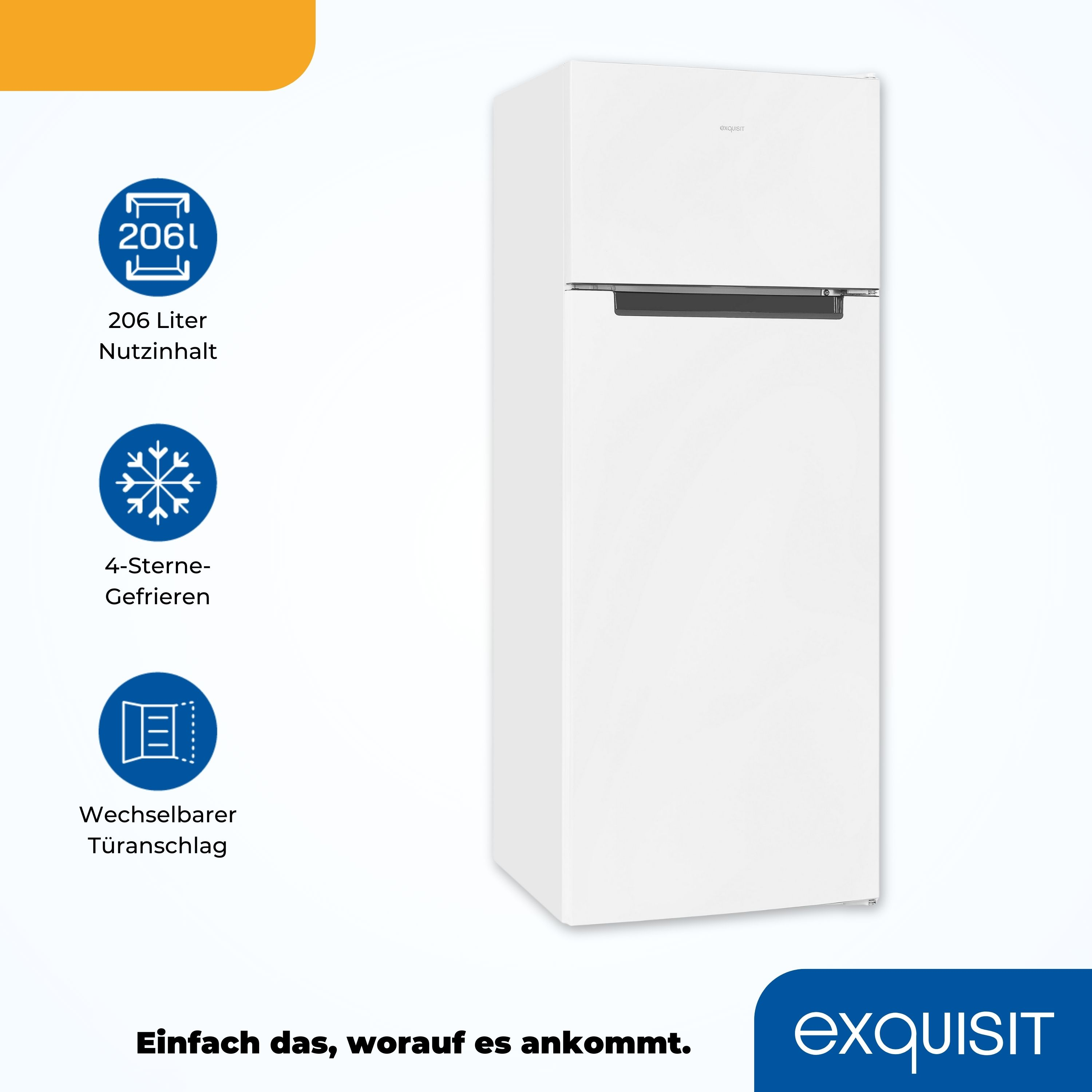 Weißer Kühlschrank mit Textindikatoren für Kapazität, Gefrieren und Türanschlag.