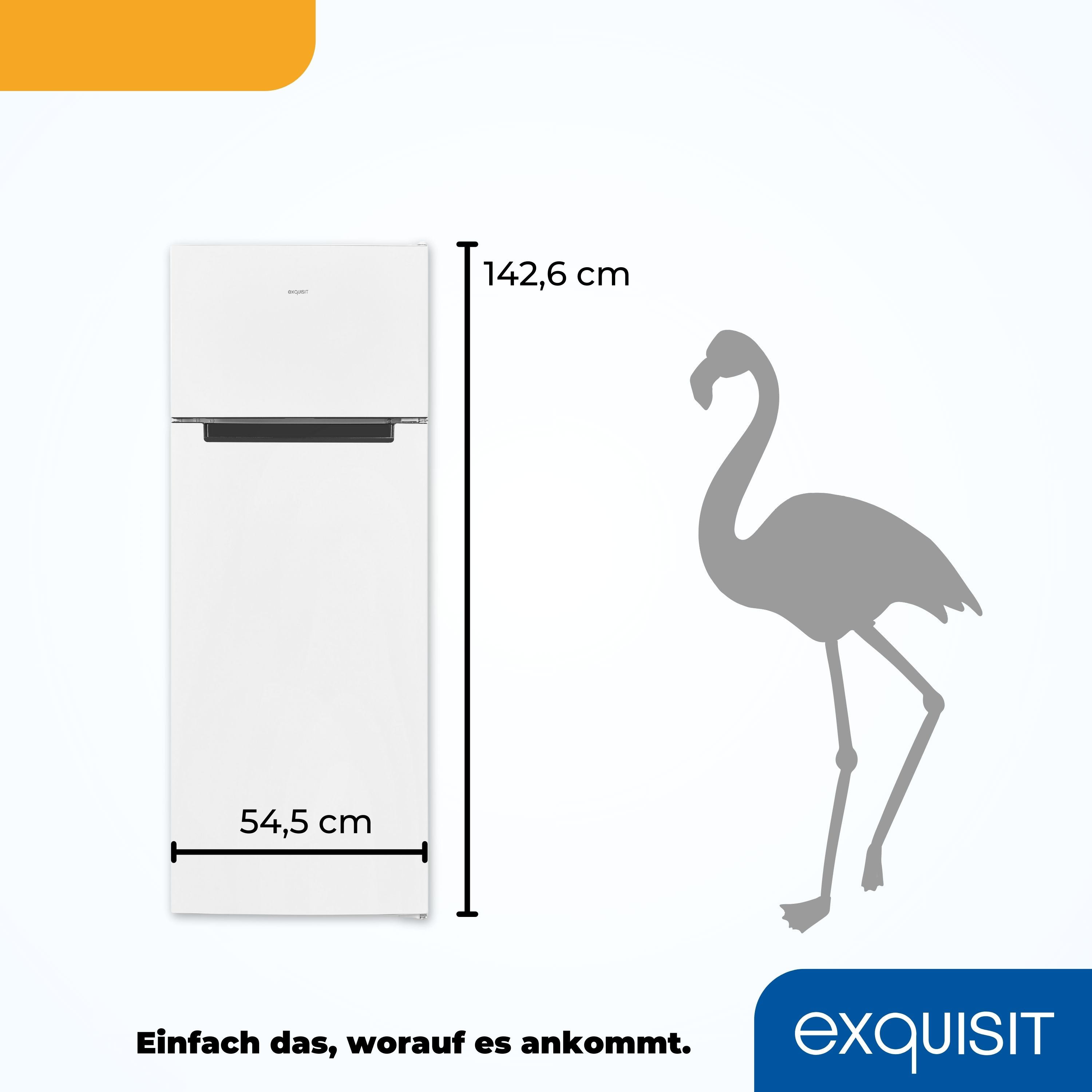 Weißer Kühlschrank mit markierten Abmessungen, neben einer Flamingosilhouette.