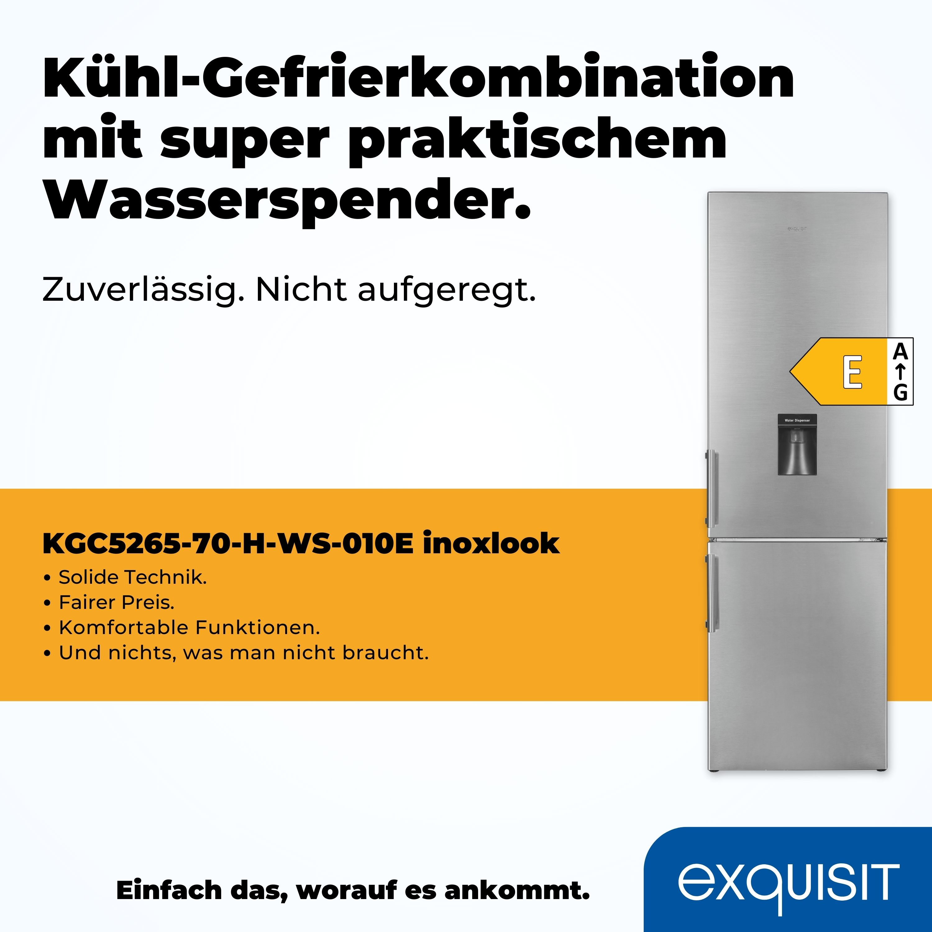 Ein silberner und schwarzer Kühlschrank mit Wasserspender, mit Text.