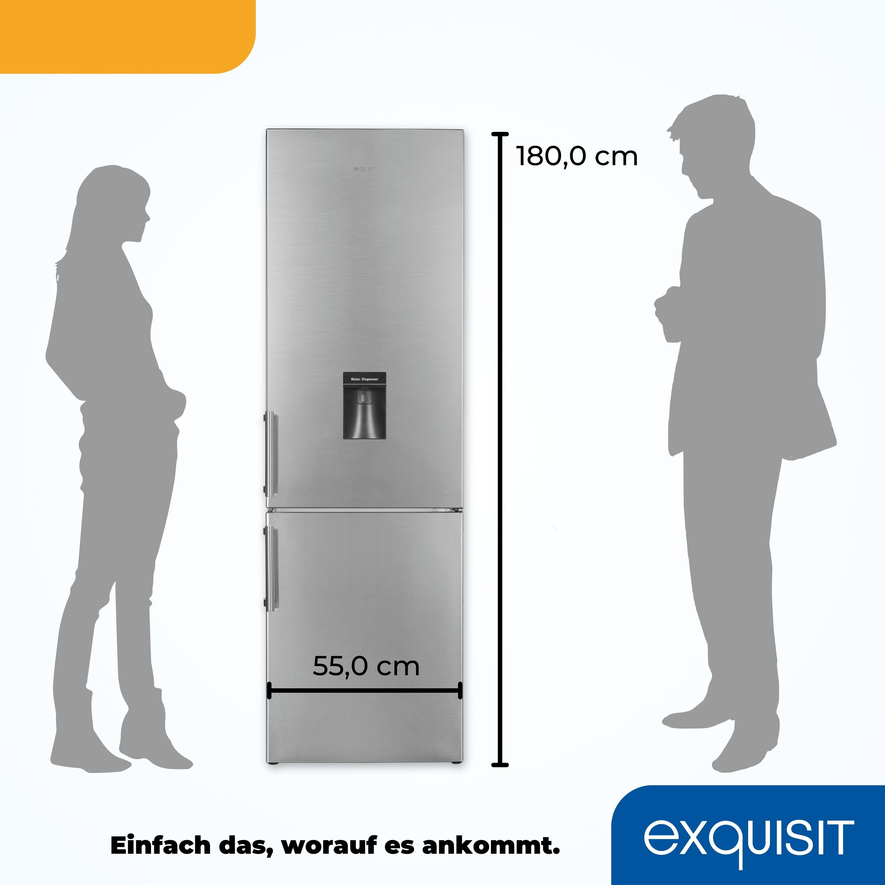 Silberner Kühlschrank mit einer Person auf jeder Seite, die Höhe und Breite in Zentimetern zeigt. Weißer Hintergrund.