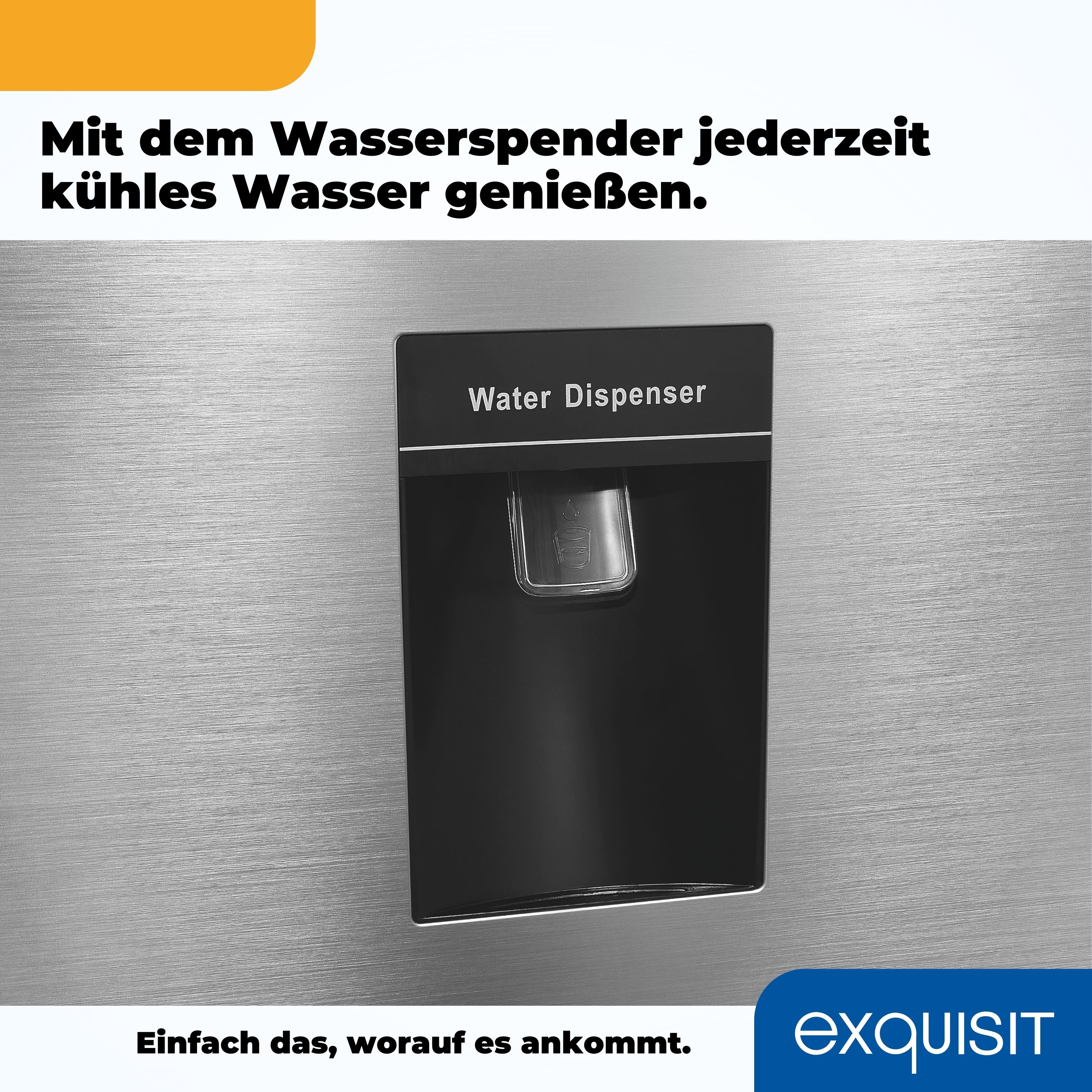 Ein Wasserspender auf einer Edelstahlfläche, mit Text darüber und darunter.
