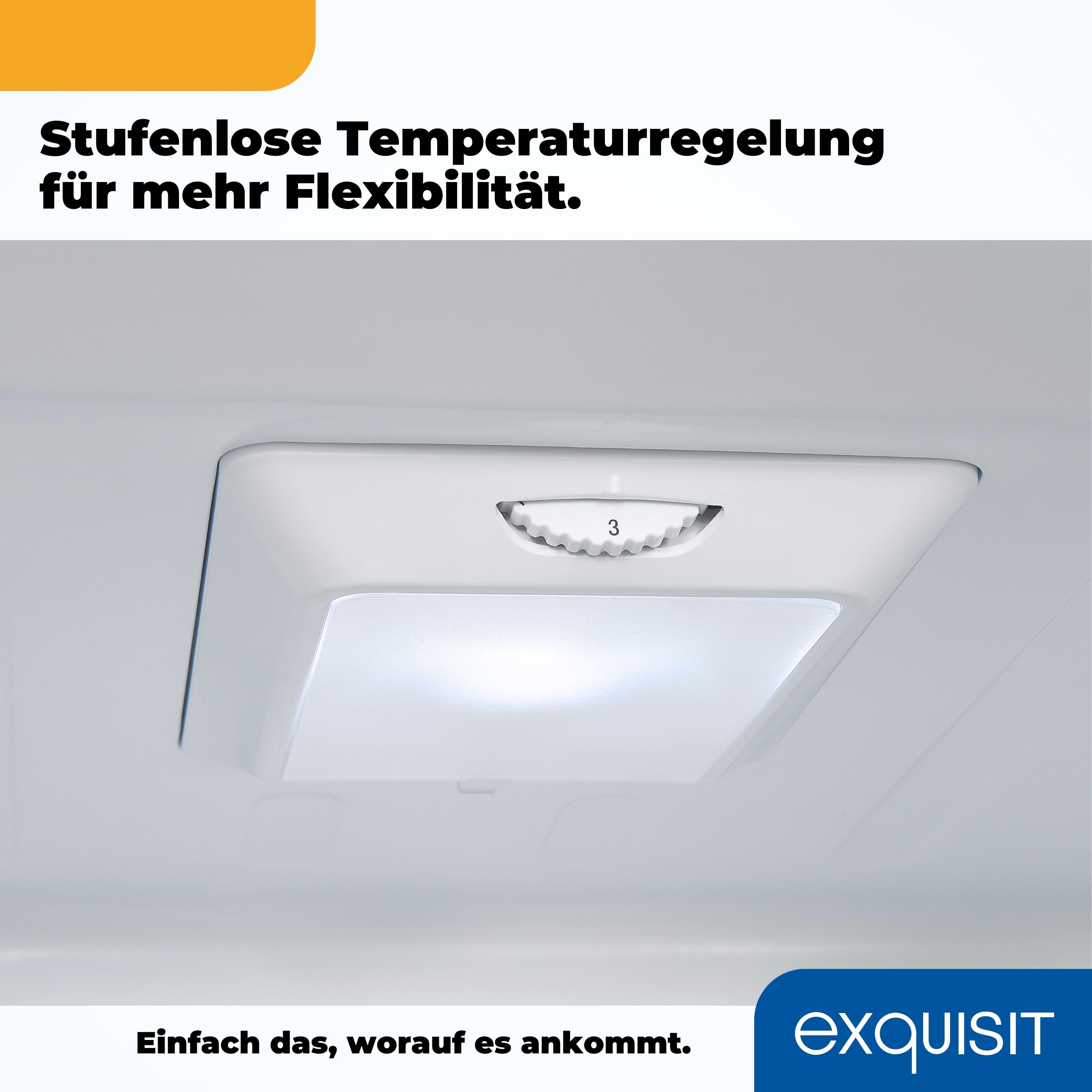 Innenraum eines Kühlschranks mit Licht und einem Temperaturregler mit der Zahl 3.