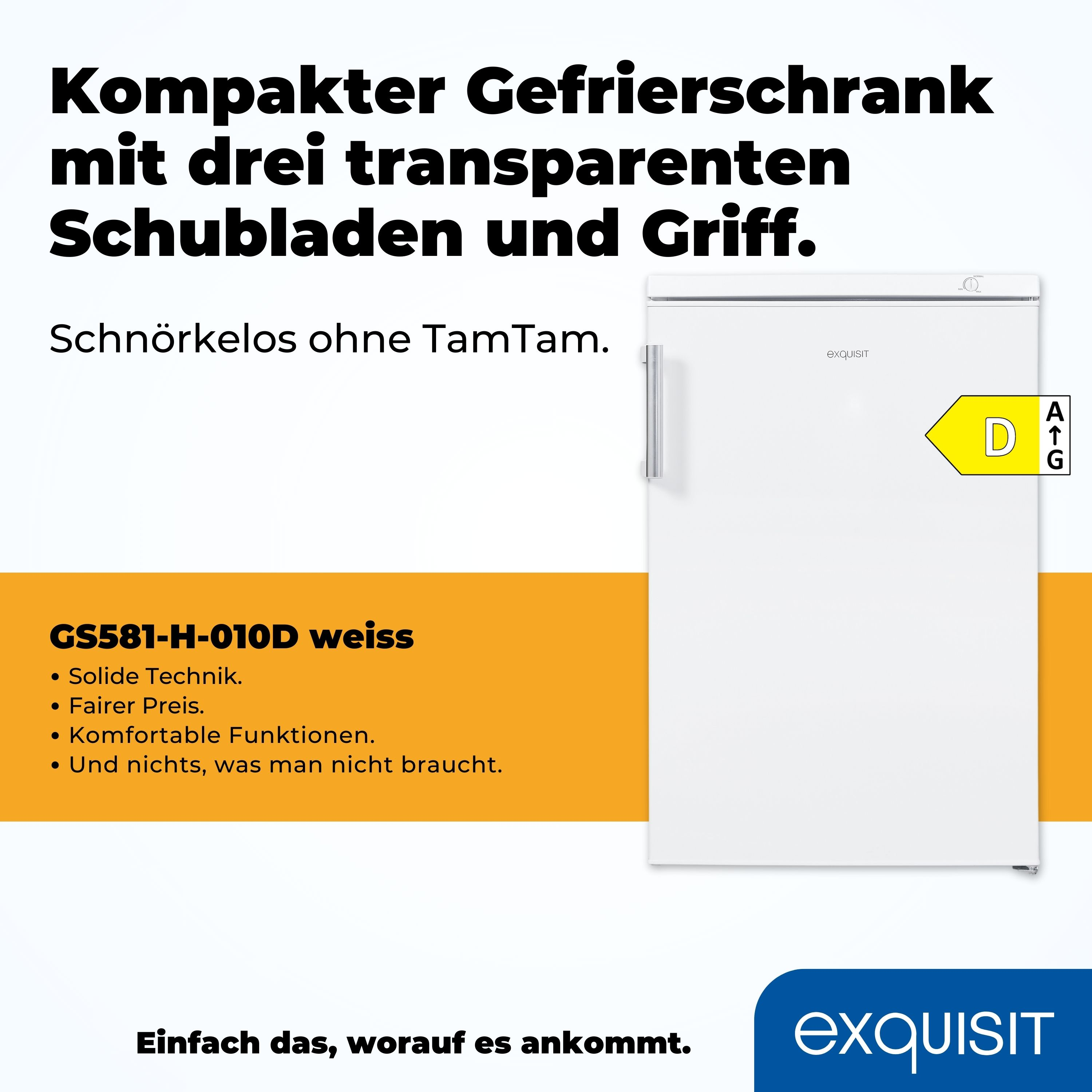 Weißer Gefrierschrank mit drei Schubladen. Informationen zum Produkt sind vorhanden.