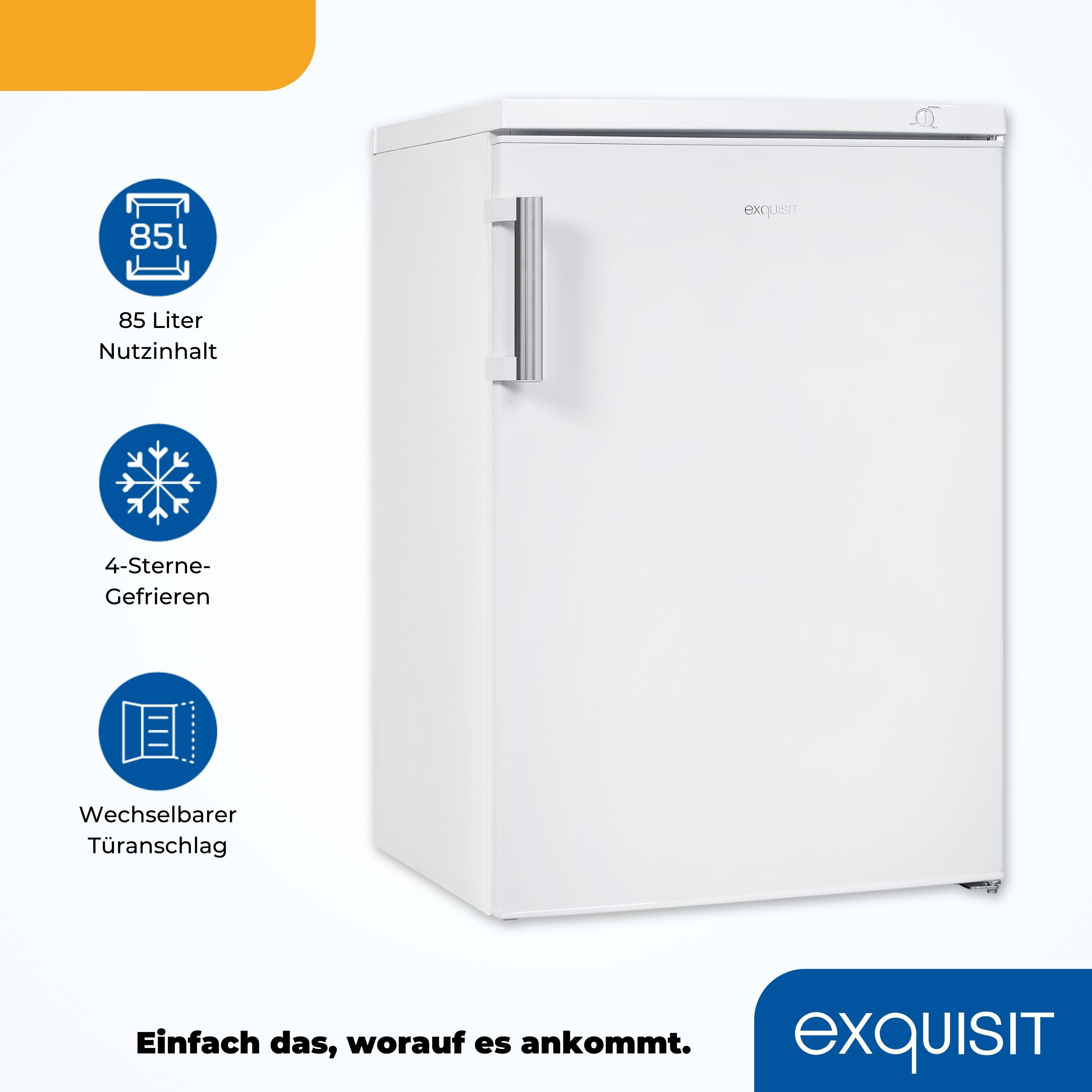 Ein weißer Kühlschrank mit 85L Fassungsvermögen, mit Symbolen und Text. Die Tür hat einen silbernen Griff.
