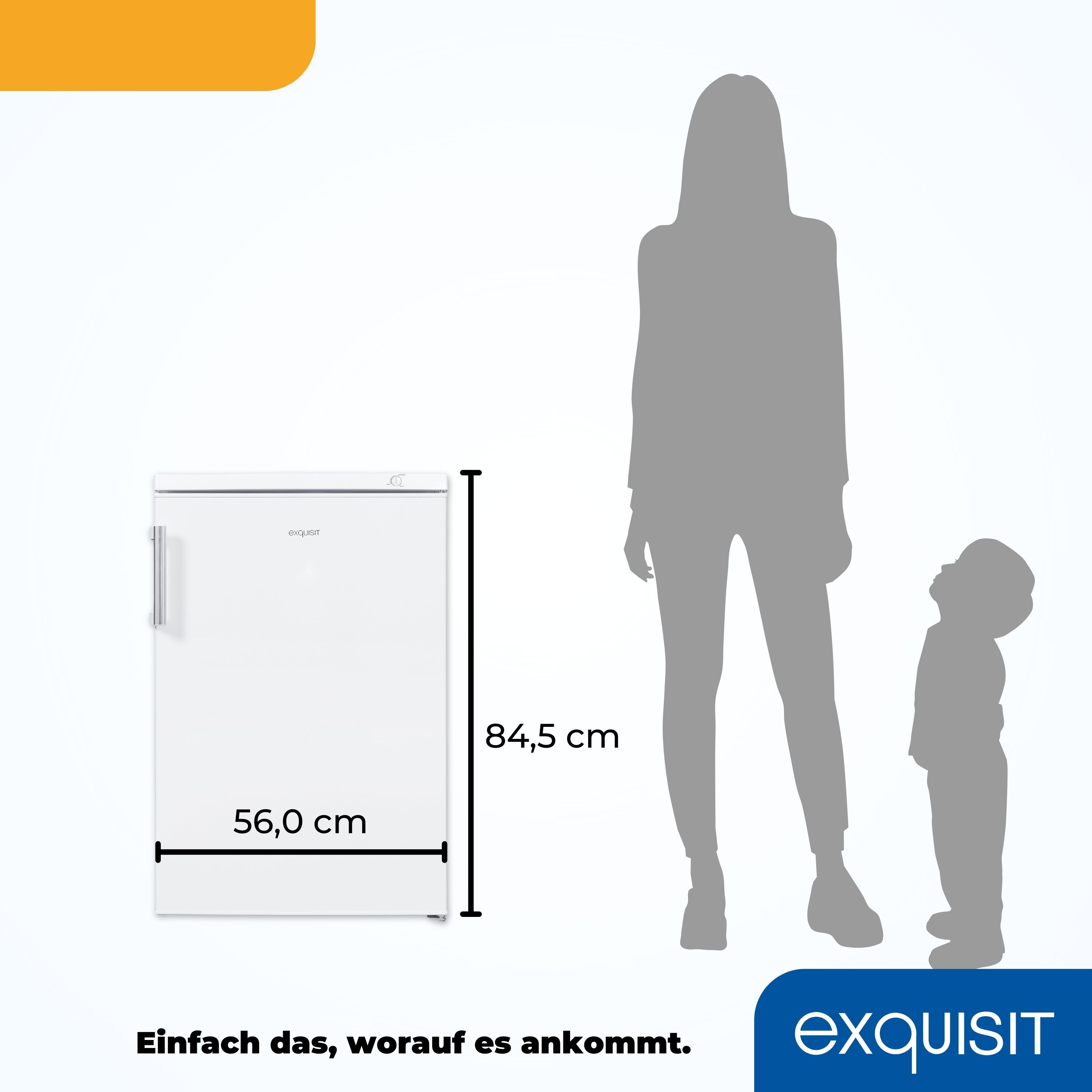 Weißer Kühlschrank mit Personen- und Kindsilhouette zum Maßstab. Text: 56,0 cm, 84,5 cm. Marke: Exquisit.