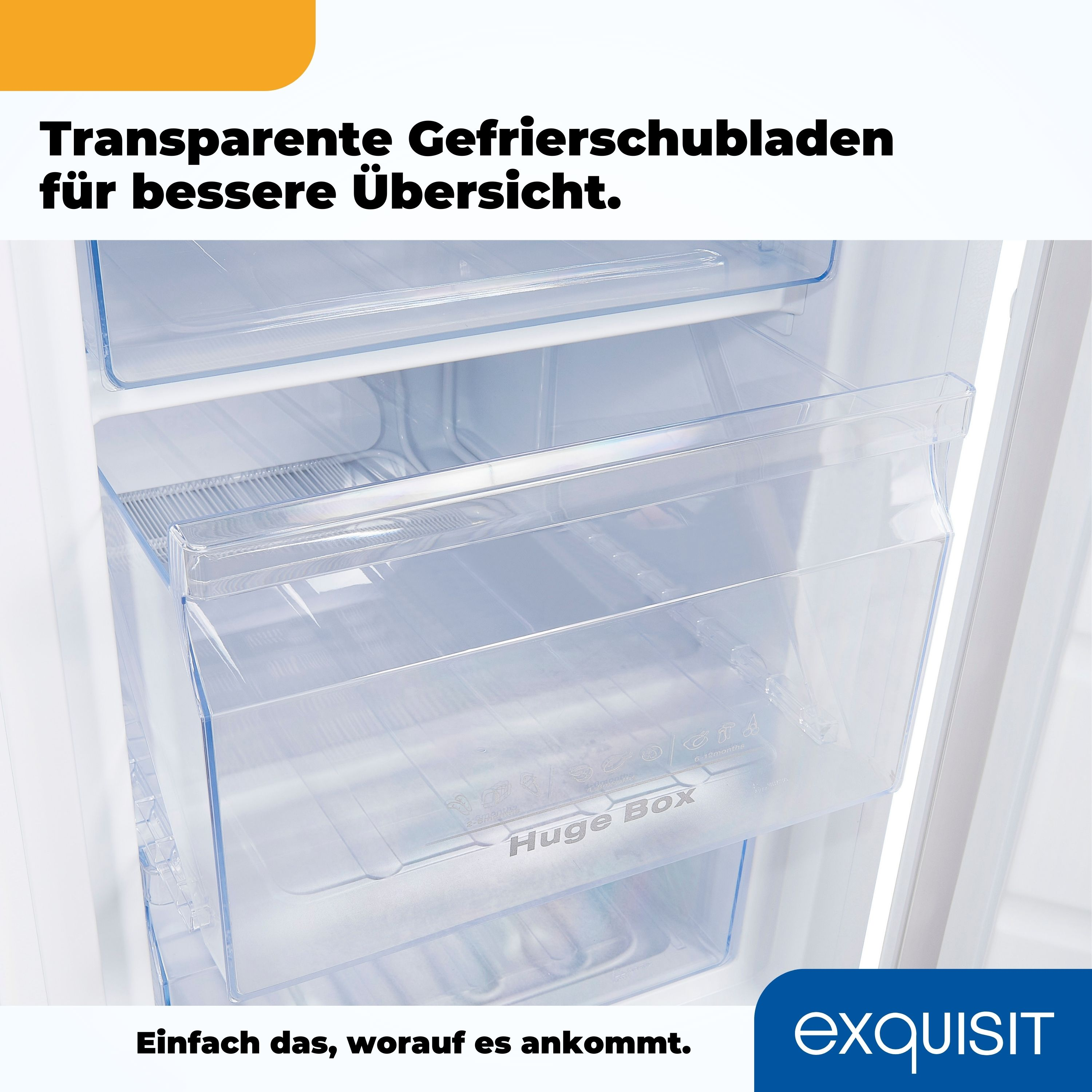 Nahaufnahme von transparenten Kühlschubladen. Die Schubladen befinden sich in einem weißen Kühlschrank.