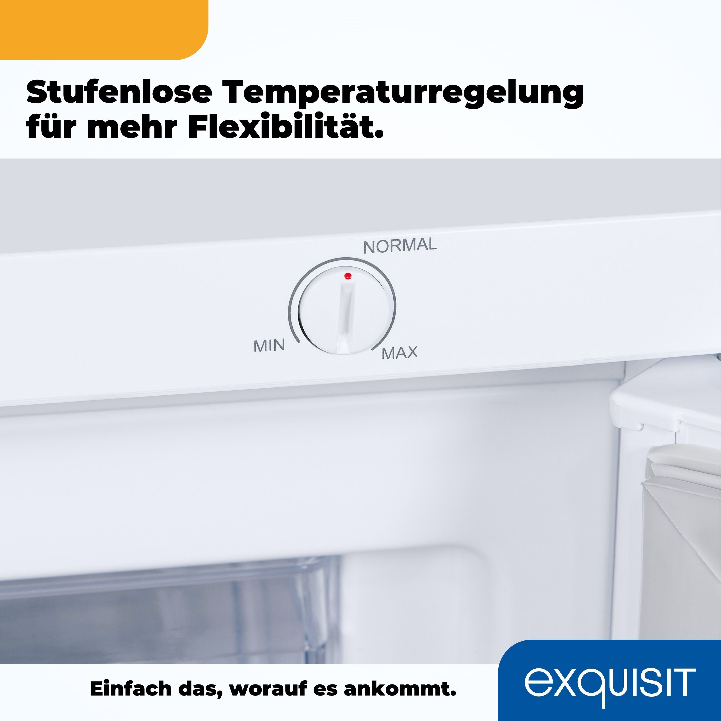 Ein Bedienfeld eines weißen Kühlschranks. Auf dem Drehknopf steht MIN, NORMAL und MAX, mit einem roten Indikatorpunkt.