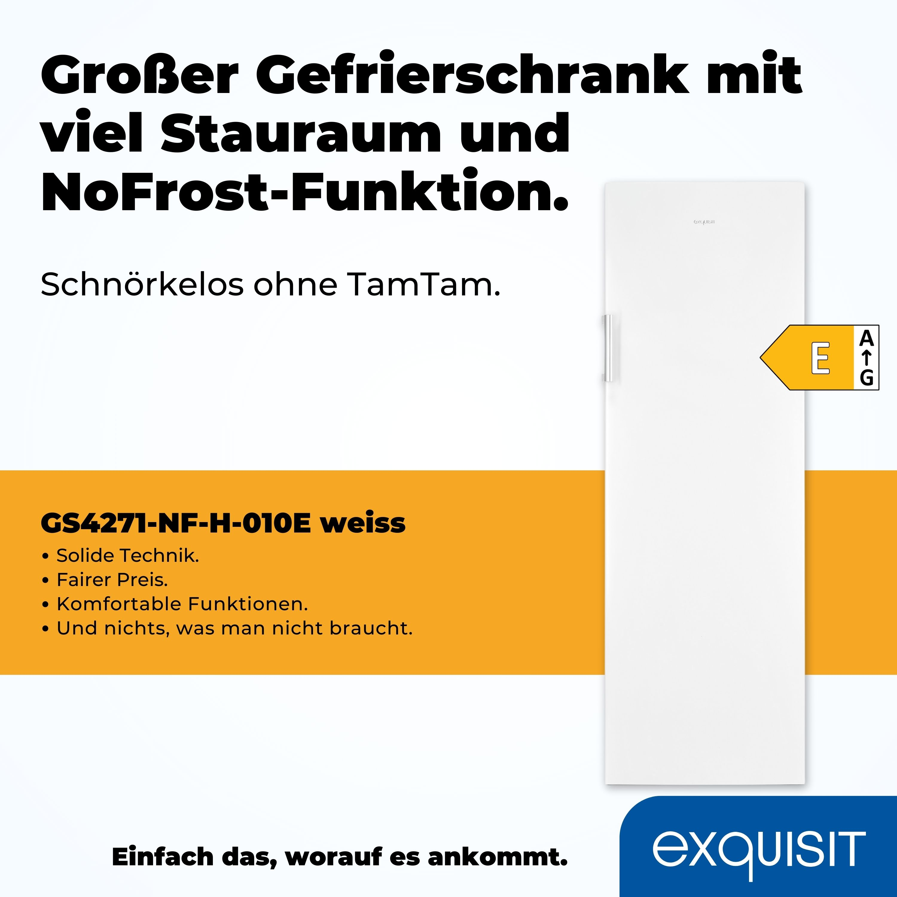 Weißer Kühlschrank mit Text. Zeigt Energieeffizienzlabel und Markenlogo.