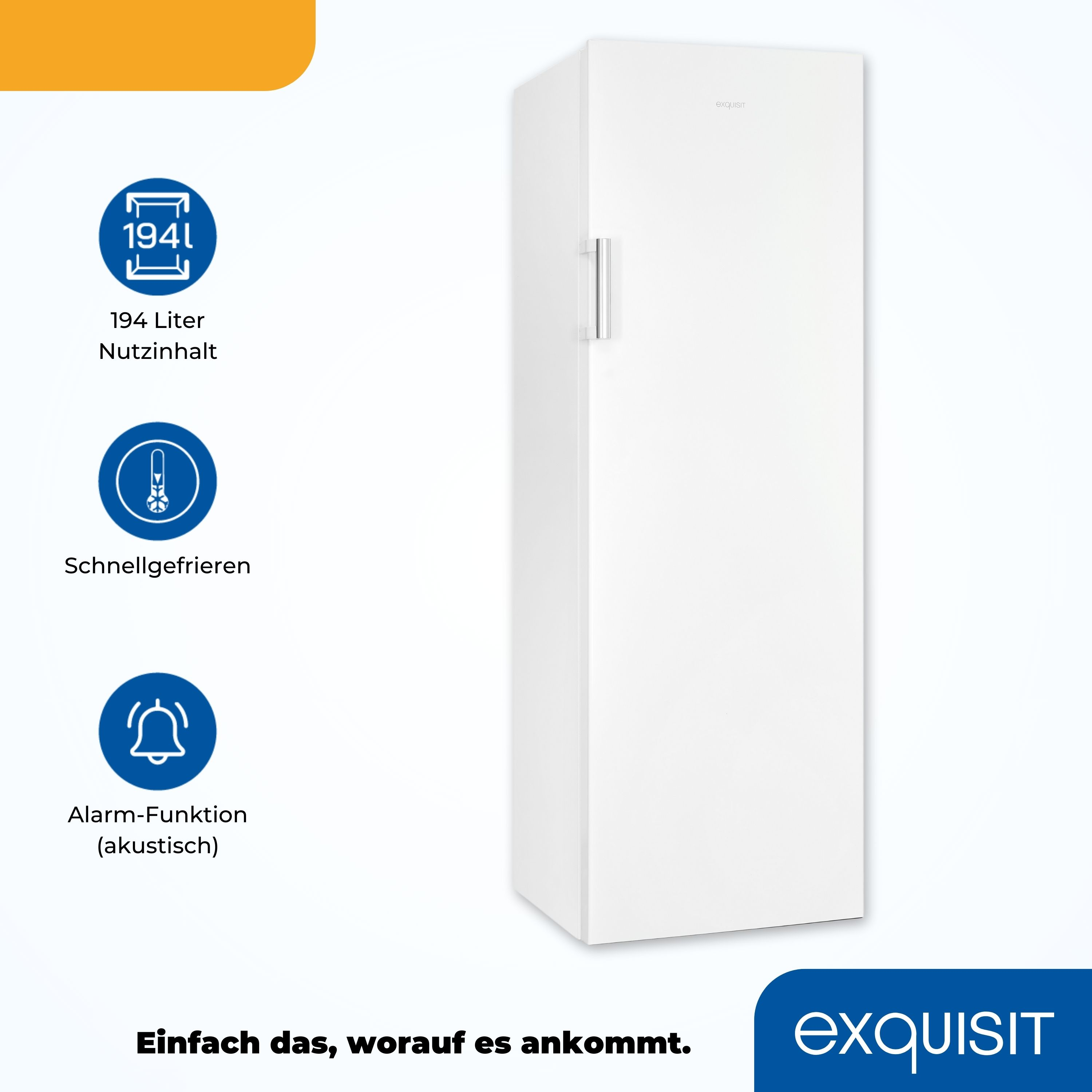 Weißer Kühlschrank mit Symbolen, Text und Markenlogo. Der Kühlschrank hat einen Griff.